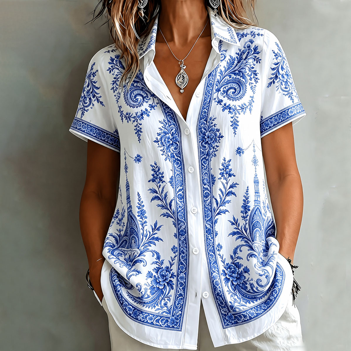 Women's Blue White Floral Print Button Down Shirt, Elegant Vintage Short Sleeve Blouse, Casual Loose Fit Collared Top for Summer Vacation Daily Wear