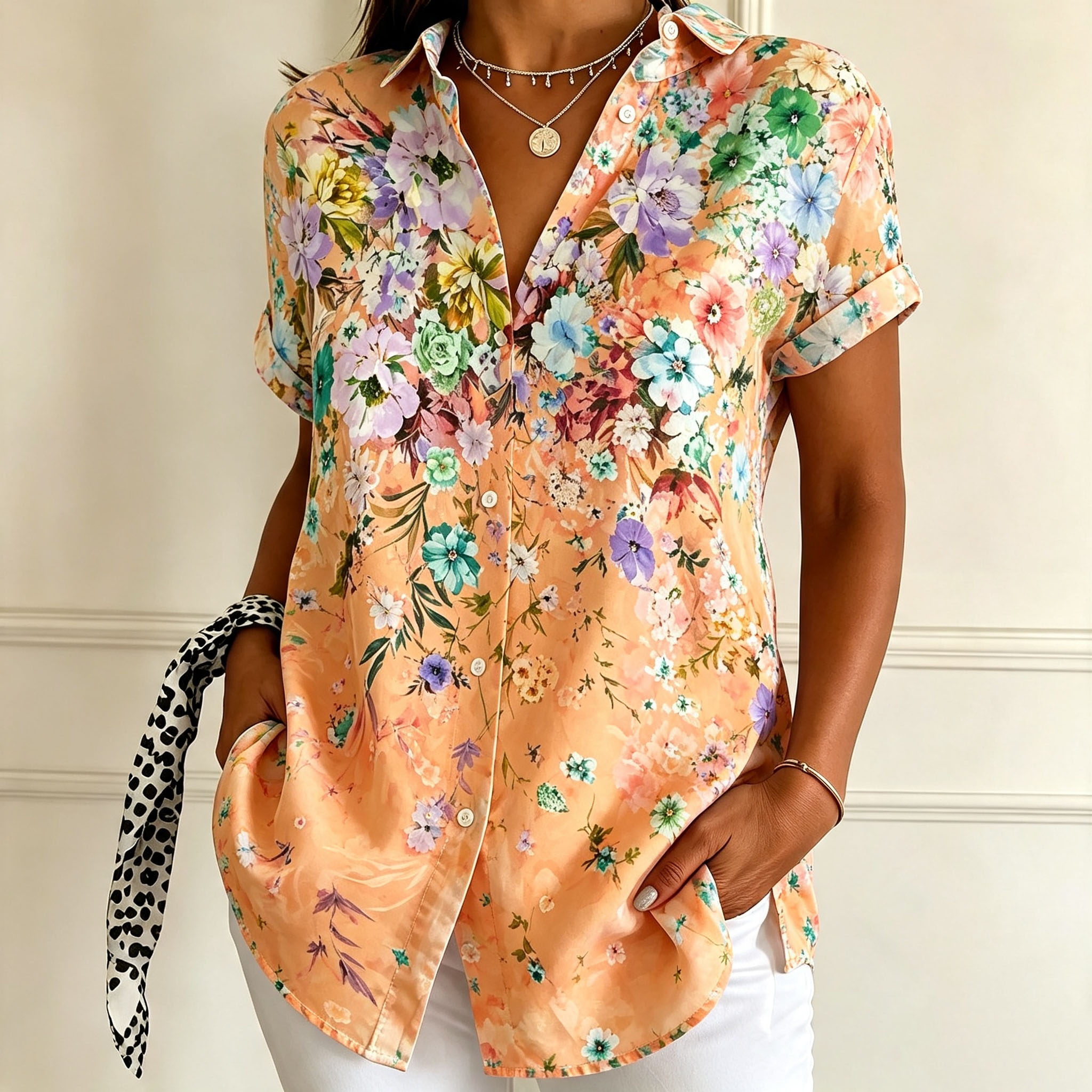 Women’s Floral Printed Short Sleeve Blouse – Elegant Button Down Casual Shirt with Relaxed Fit for Summer Vacation & Daily Wear