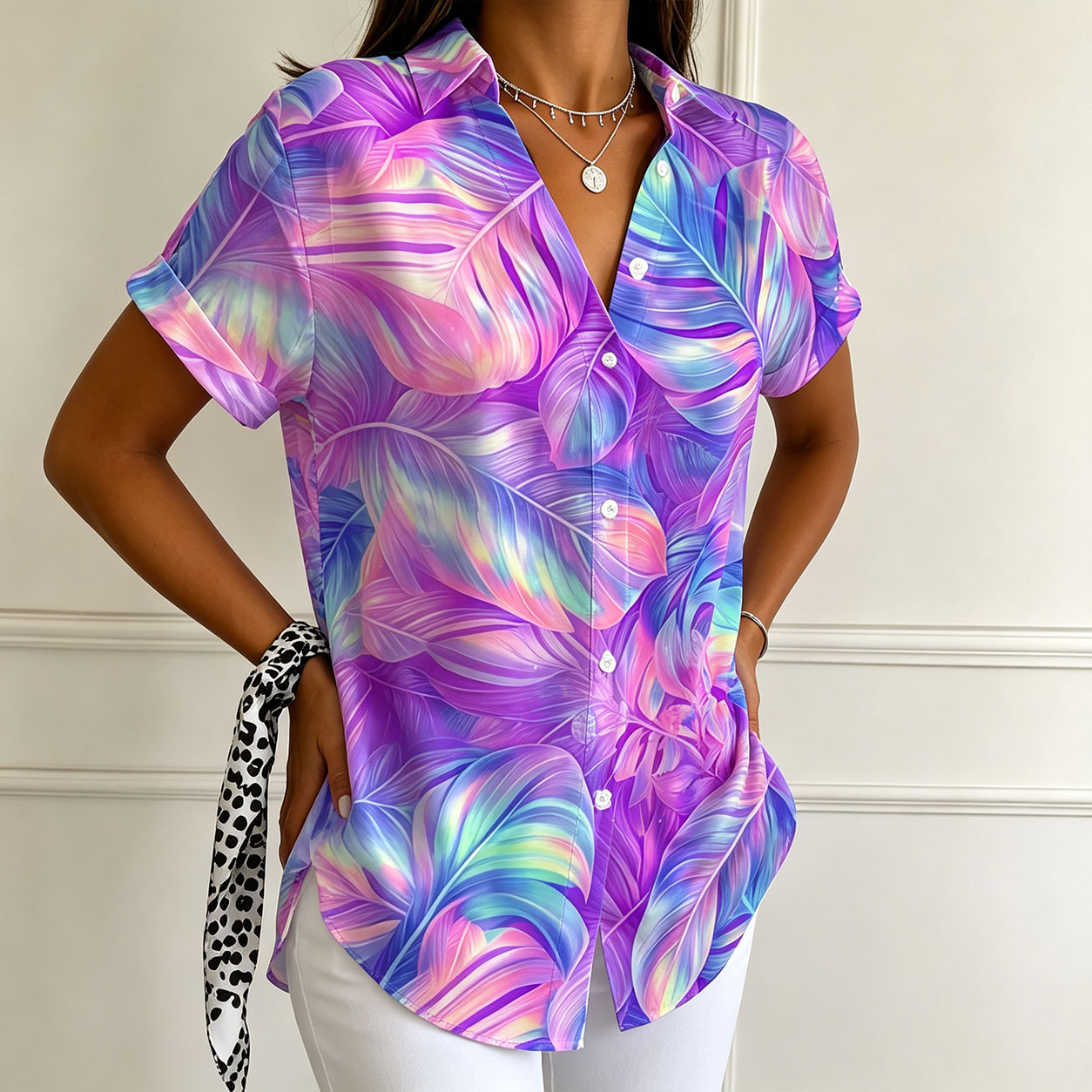 Women’s Short Sleeve Button Down Shirt Colorful Abstract Printed Blouse Casual Loose Fit Collared Summer Tops Lightweight Shirt for Women-gemscharms