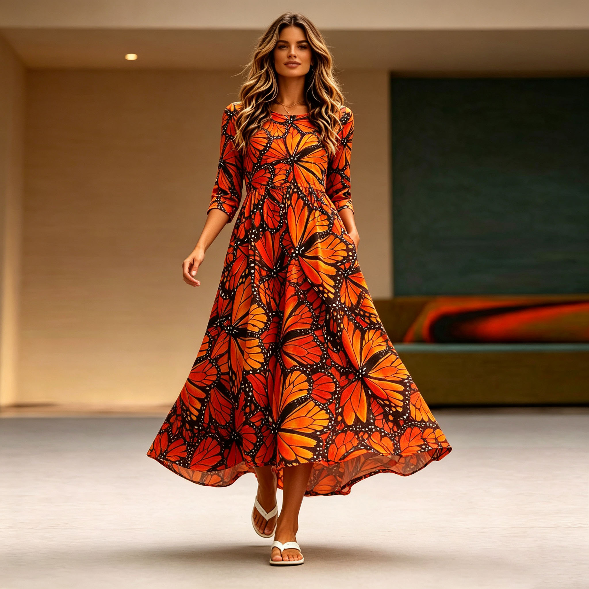 Women’s Butterfly Maxi Dress, Orange Monarch Butterfly Print Long Sleeve Dress, A-Line Swing Casual Dress with Pockets, Lightweight Polyester Boho Dress for Fall, Vacation, Party & Everyday Wear