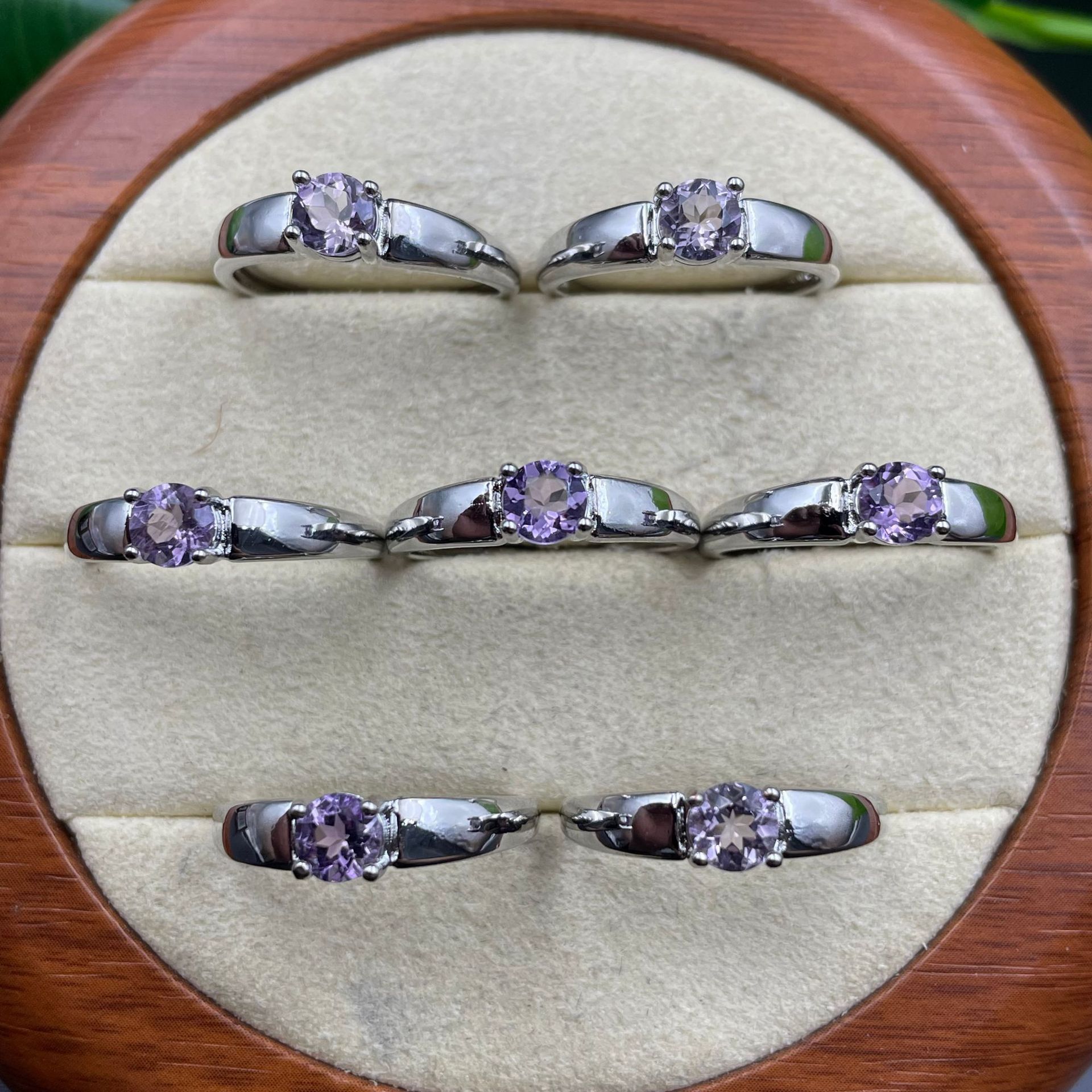 Round Natural Amethyst Solitaire Ring for Women, Copper Silver Plated Polished Band with 5MM Faceted Purple Gemstone, Simple Four-Prong Stackable Everyday Statement Jewelry Gift for Birthday Wedding Anniversary