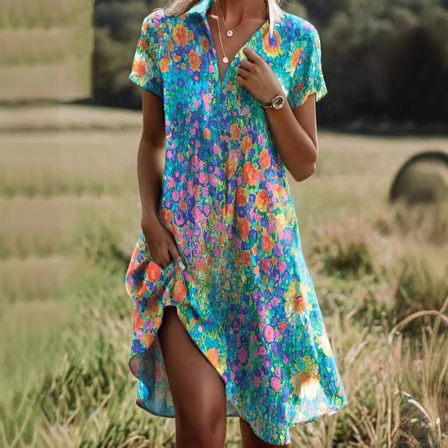 Women’s Floral Print V-Neck Summer Dress – Short Sleeve A-Line Casual Midi Dress, Lightweight Polyester, Pullover Design