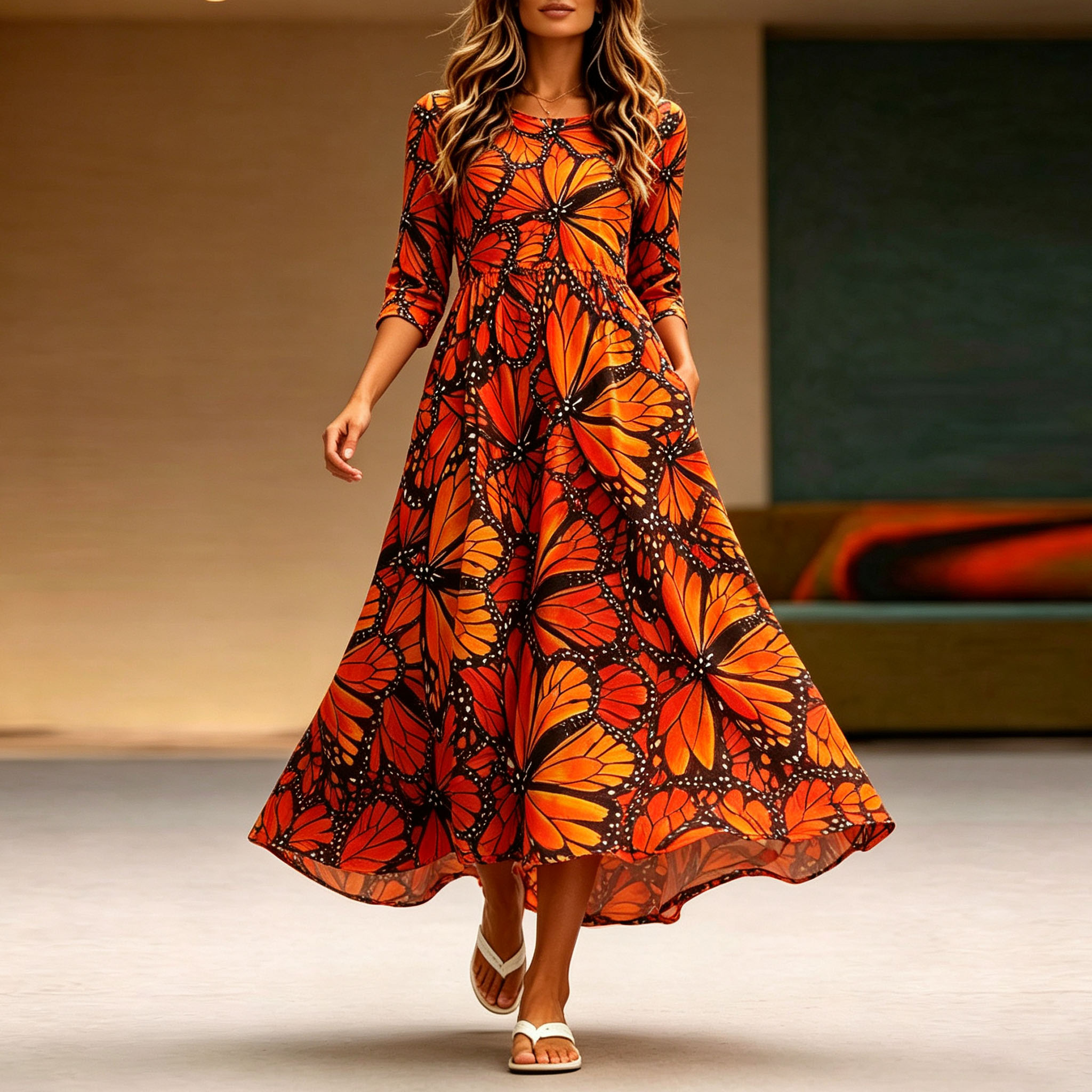 Women’s Butterfly Maxi Dress, Orange Monarch Butterfly Print Long Sleeve Dress, A-Line Swing Casual Dress with Pockets, Lightweight Polyester Boho Dress for Fall, Vacation, Party & Everyday Wear