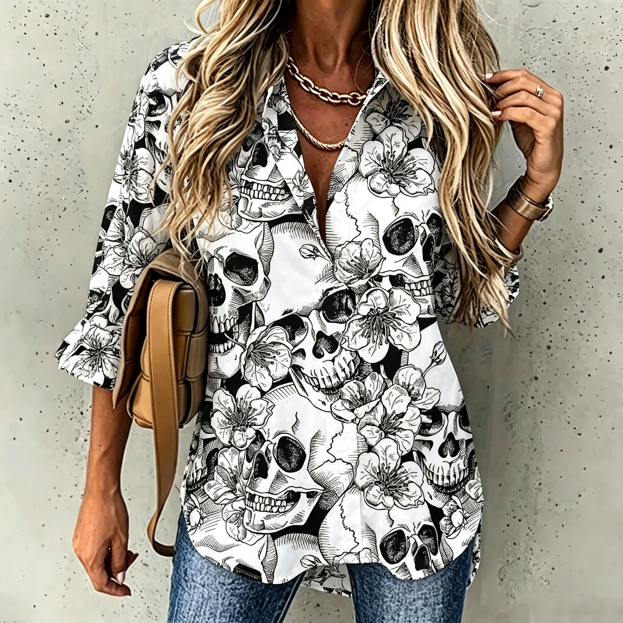 Women's Skull Floral Print Button Down Shirt Long Sleeve Gothic Blouse Casual Loose Fit Halloween Tops Alternative Fashion Shirt for Women