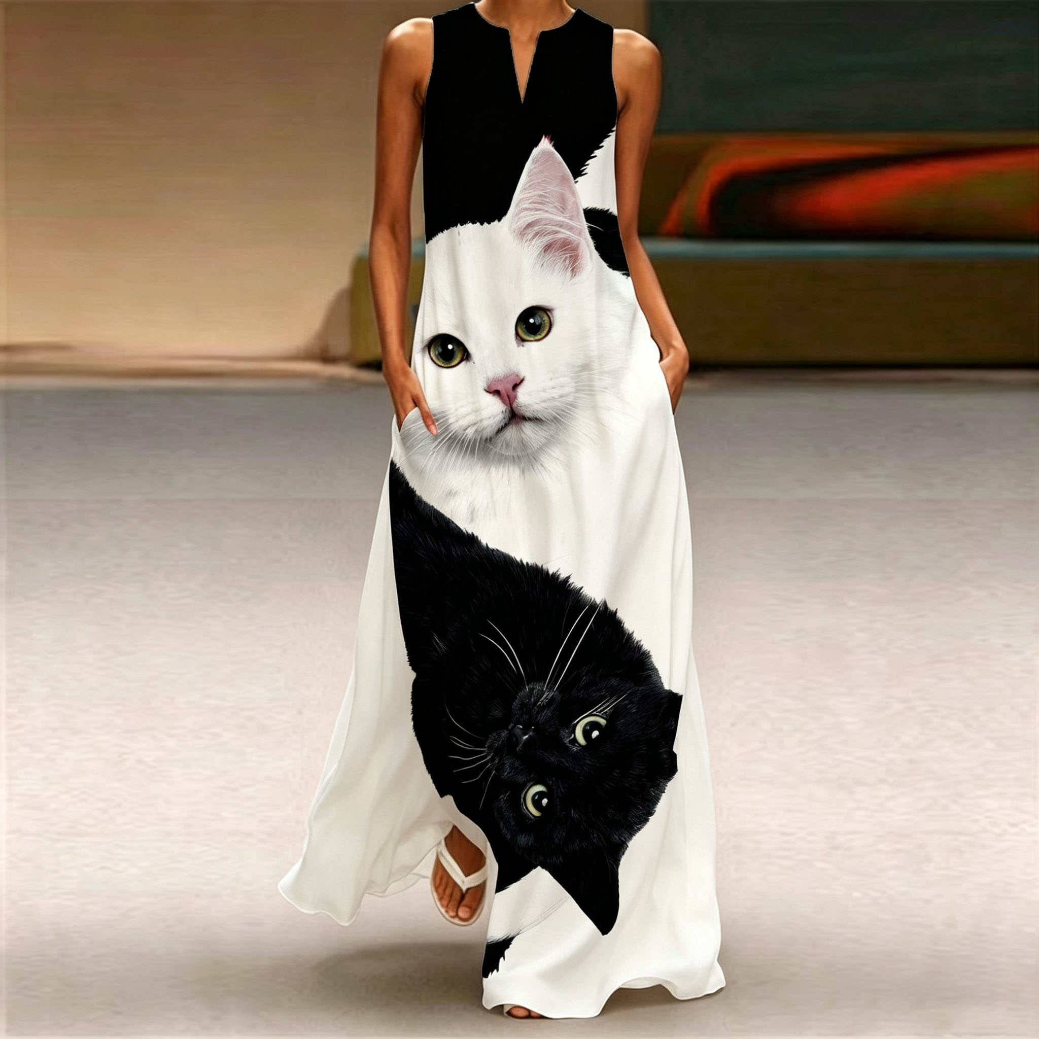 Women's Cat Print Maxi Dress – Sleeveless Long A-Line Dress with Pockets, Cute Animal Graphic Summer Casual Vacation Dress