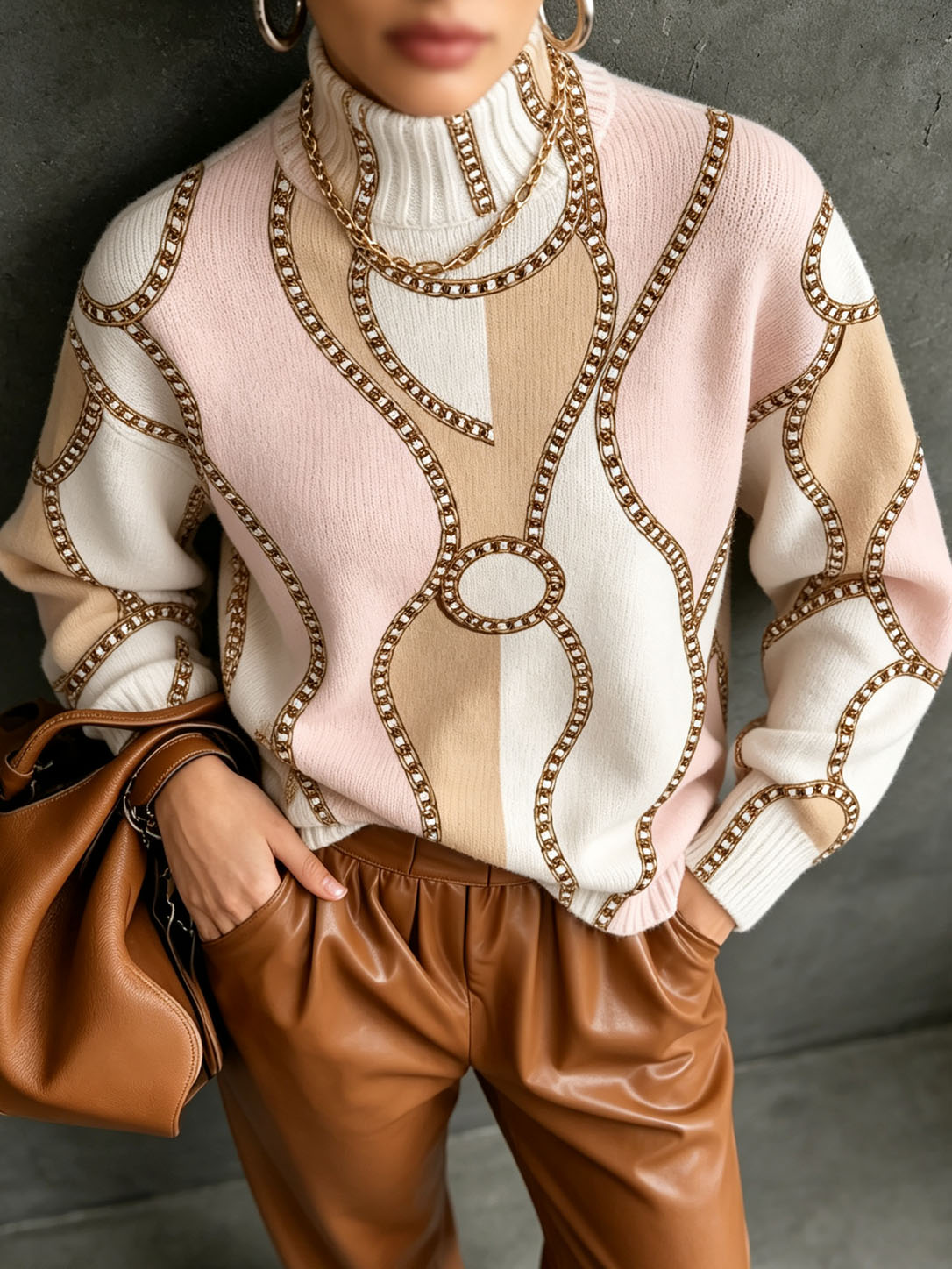Women's Chain Print Turtleneck Sweater Long Sleeve Pullover Knit Top Elegant Loose Fit Casual Fall Winter Fashion Sweater