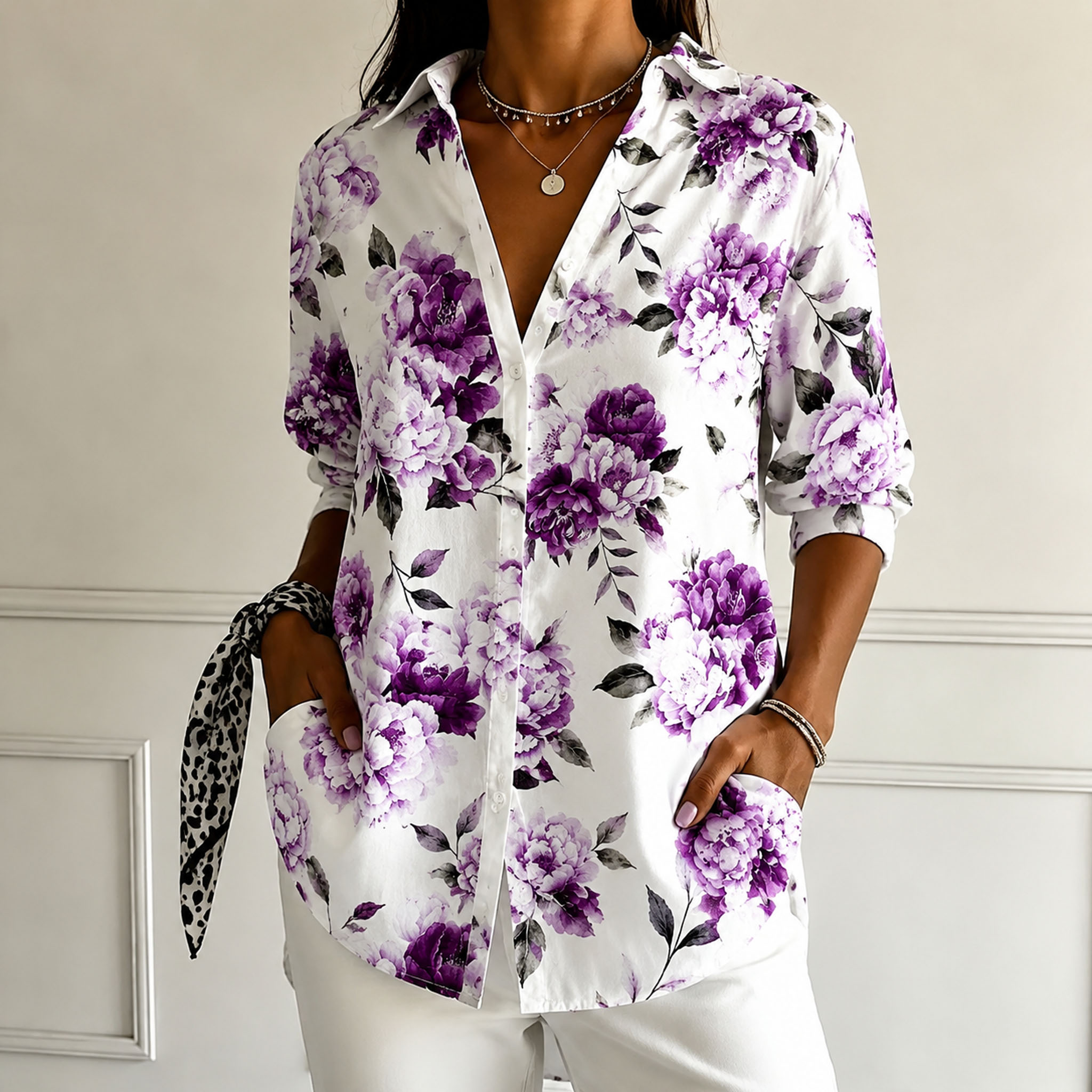 Women's Floral Print Button Down Shirt – Elegant Casual Blouse with Lightweight Polyester Fabric