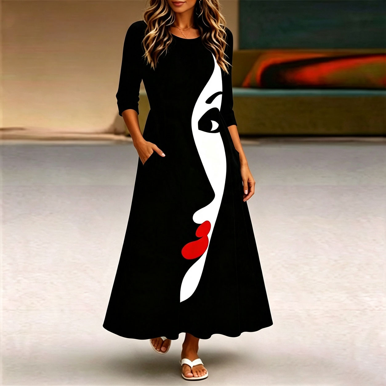 Women's Abstract Face Print Midi Dress – Elegant Long Sleeve Casual A-Line Dress with Pockets