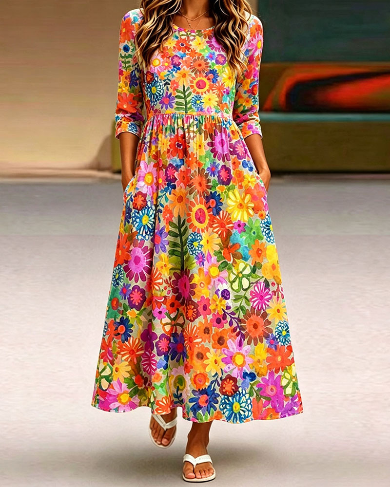 Women's Floral Midi Dress  Casual A Line Long Dress with Pockets Elegant Boho Summer Dress for Women-gemscharms