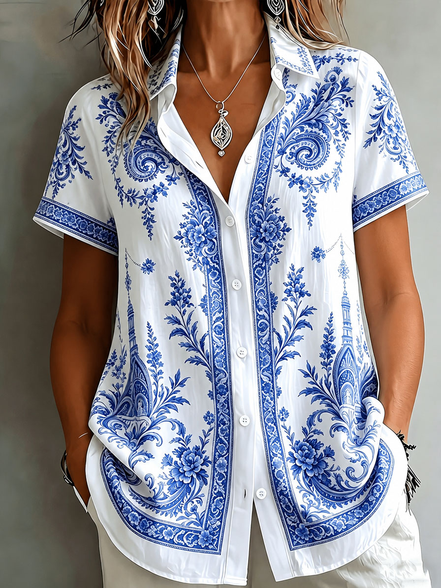 Women's Blue White Floral Print Button Down Shirt, Elegant Vintage Short Sleeve Blouse, Casual Loose Fit Collared Top for Summer Vacation Daily Wear