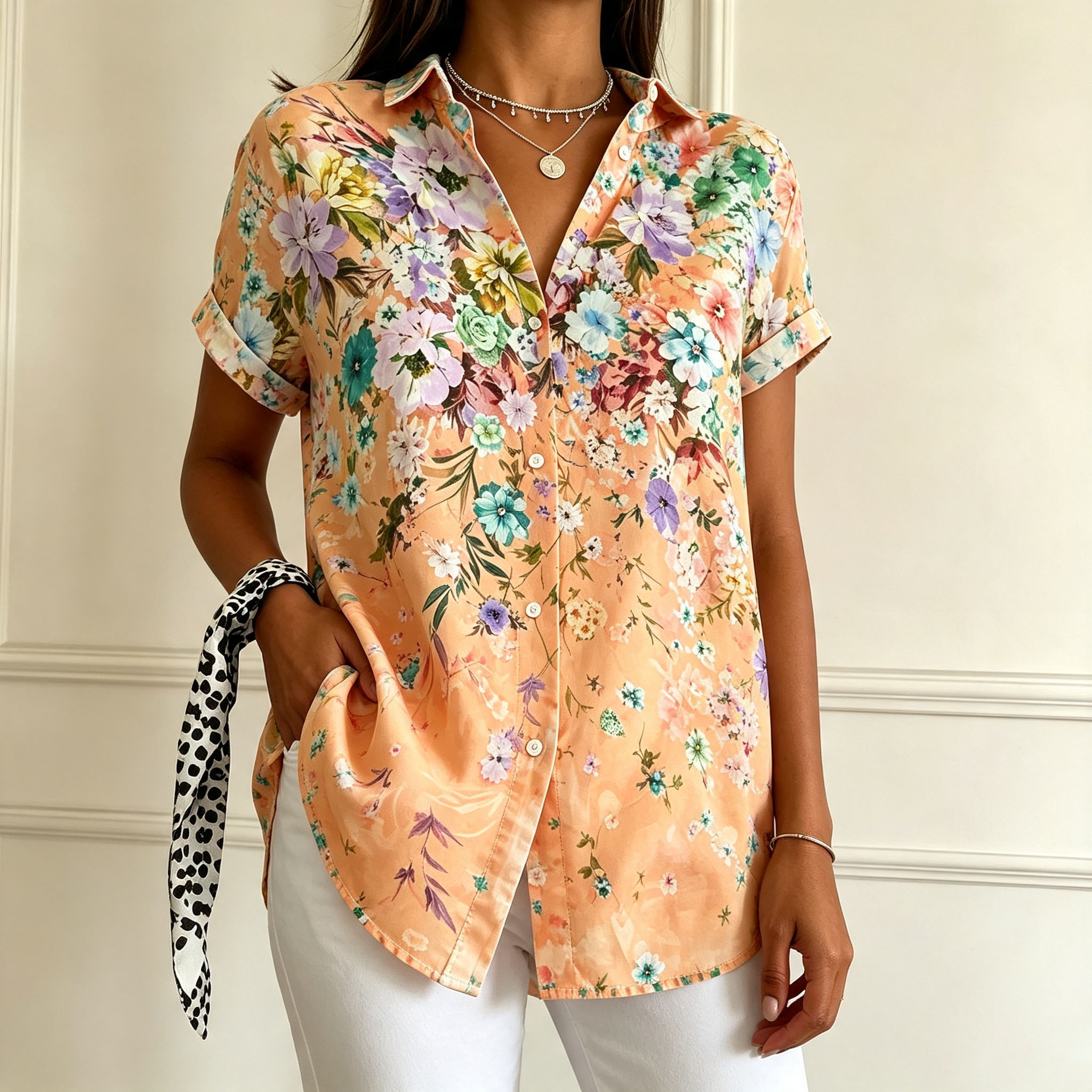Women’s Floral Printed Short Sleeve Blouse – Elegant Button Down Casual Shirt with Relaxed Fit for Summer Vacation & Daily Wear
