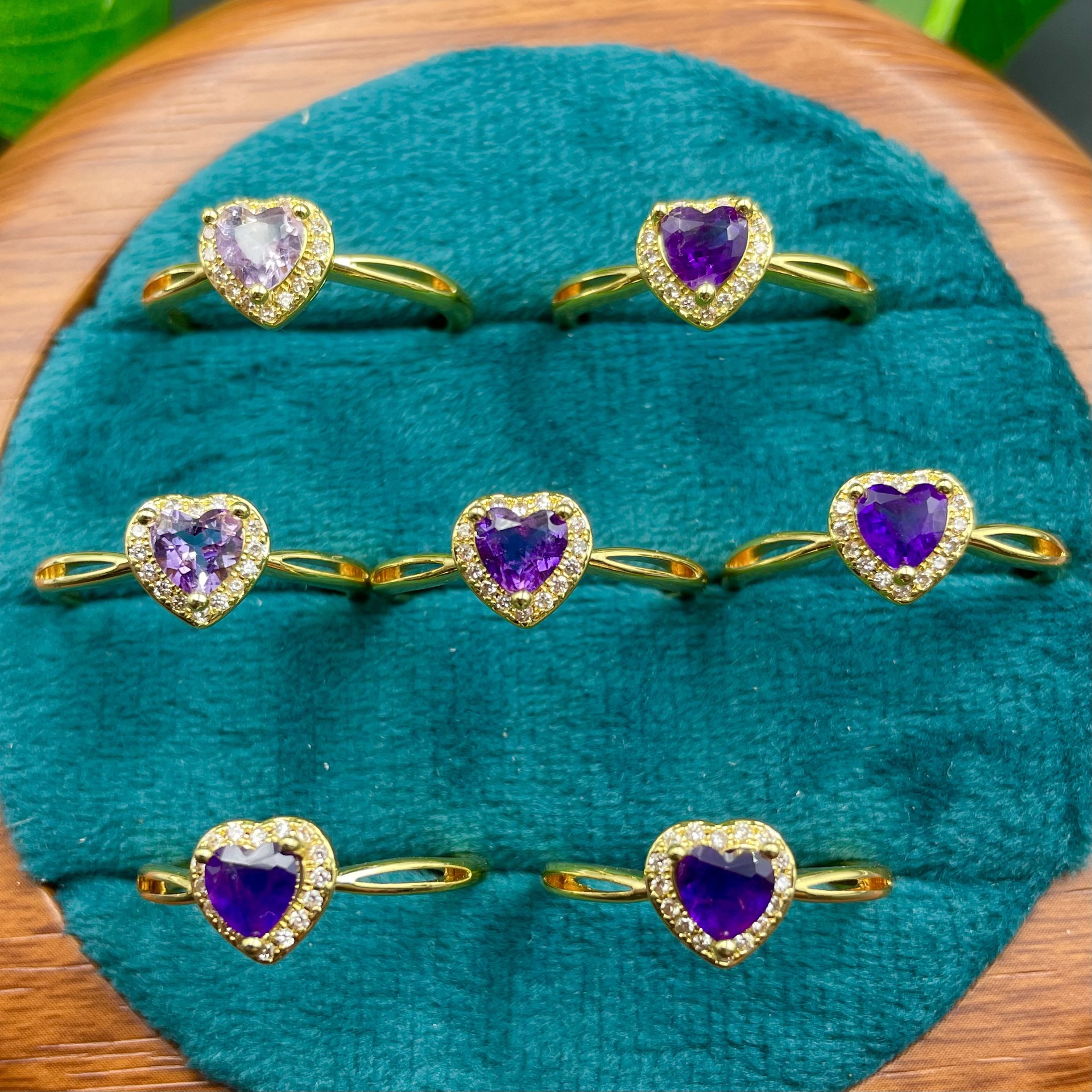 Heart Cut Natural Amethyst Halo Ring for Women, Copper Base 18K Gold Plated Split Band with 5MM Faceted Purple Gemstone, Cubic Zirconia Border Dainty Romantic Stackable Jewelry Gift for Valentine Wedding Anniversary