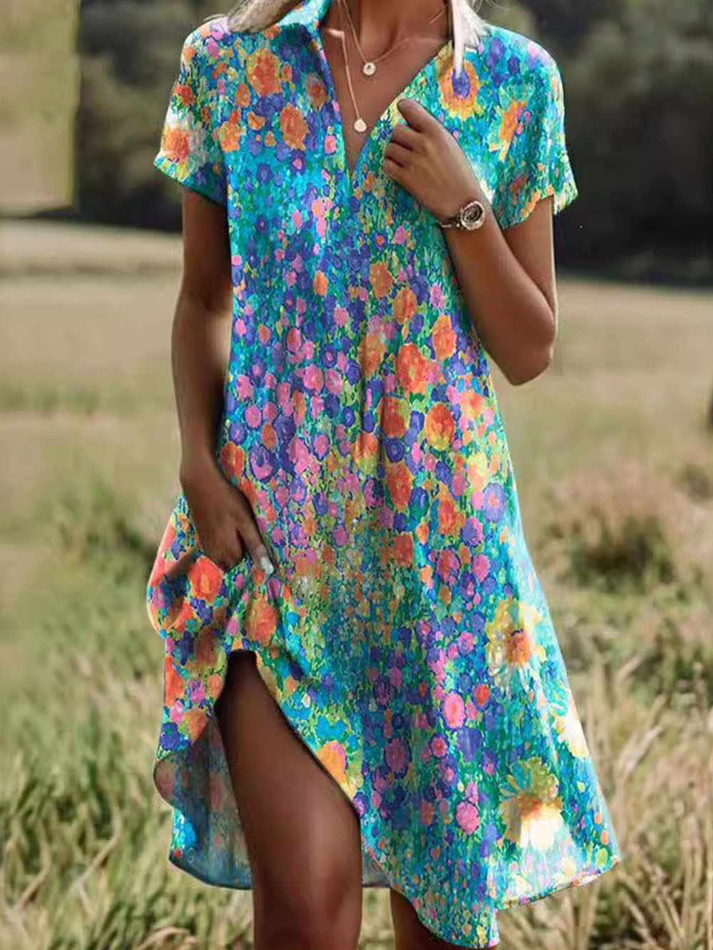 Women’s Floral Print V-Neck Summer Dress – Short Sleeve A-Line Casual Midi Dress, Lightweight Polyester, Pullover Design