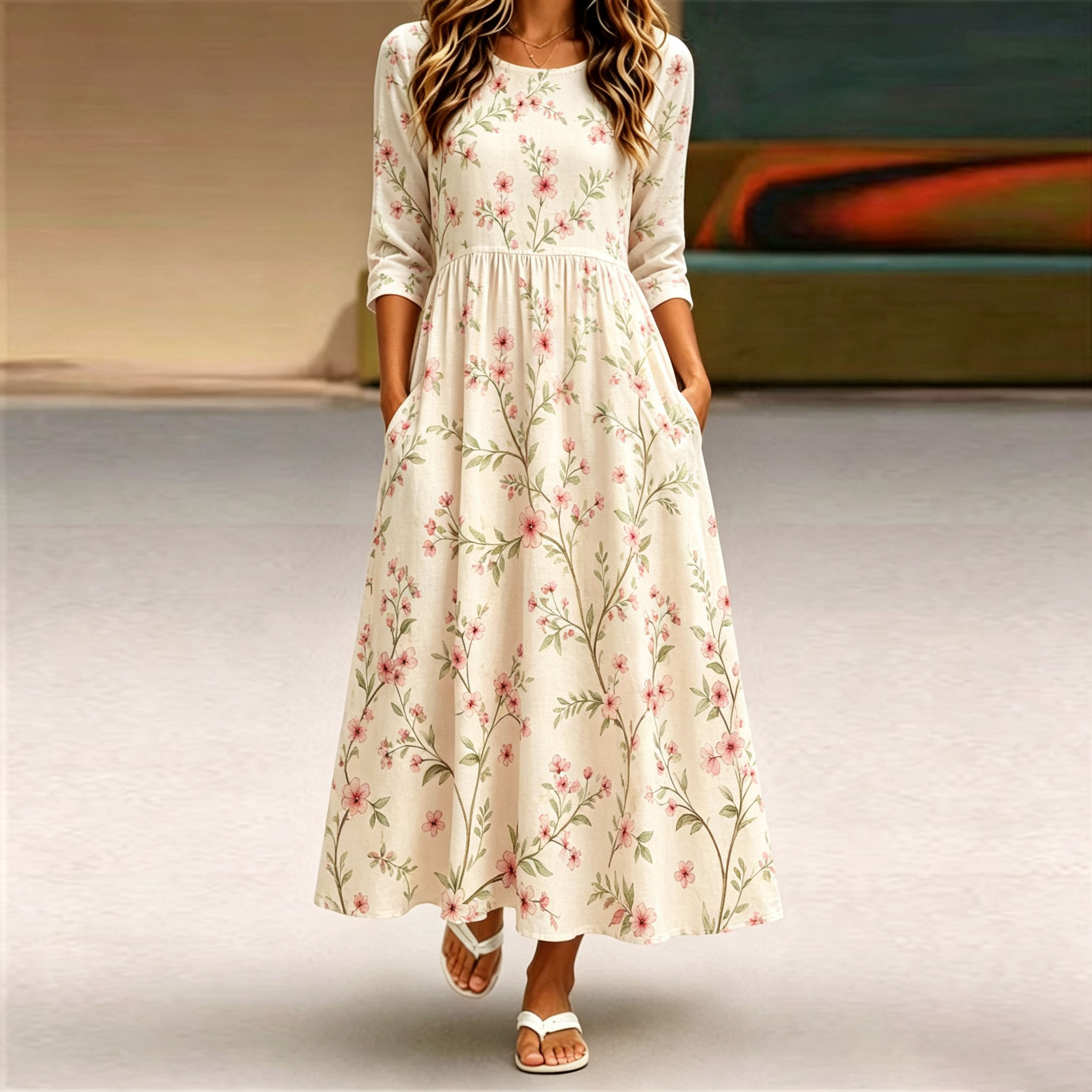 Women’s Floral Midi Dress, White Mid-Length Sleeve Flower Print Dress, Elegant A-Line Swing Casual Dress with Pockets, Lightweight Polyester Boho Dress for Spring, Summer, Vacation & Everyday Wear-gemscharms