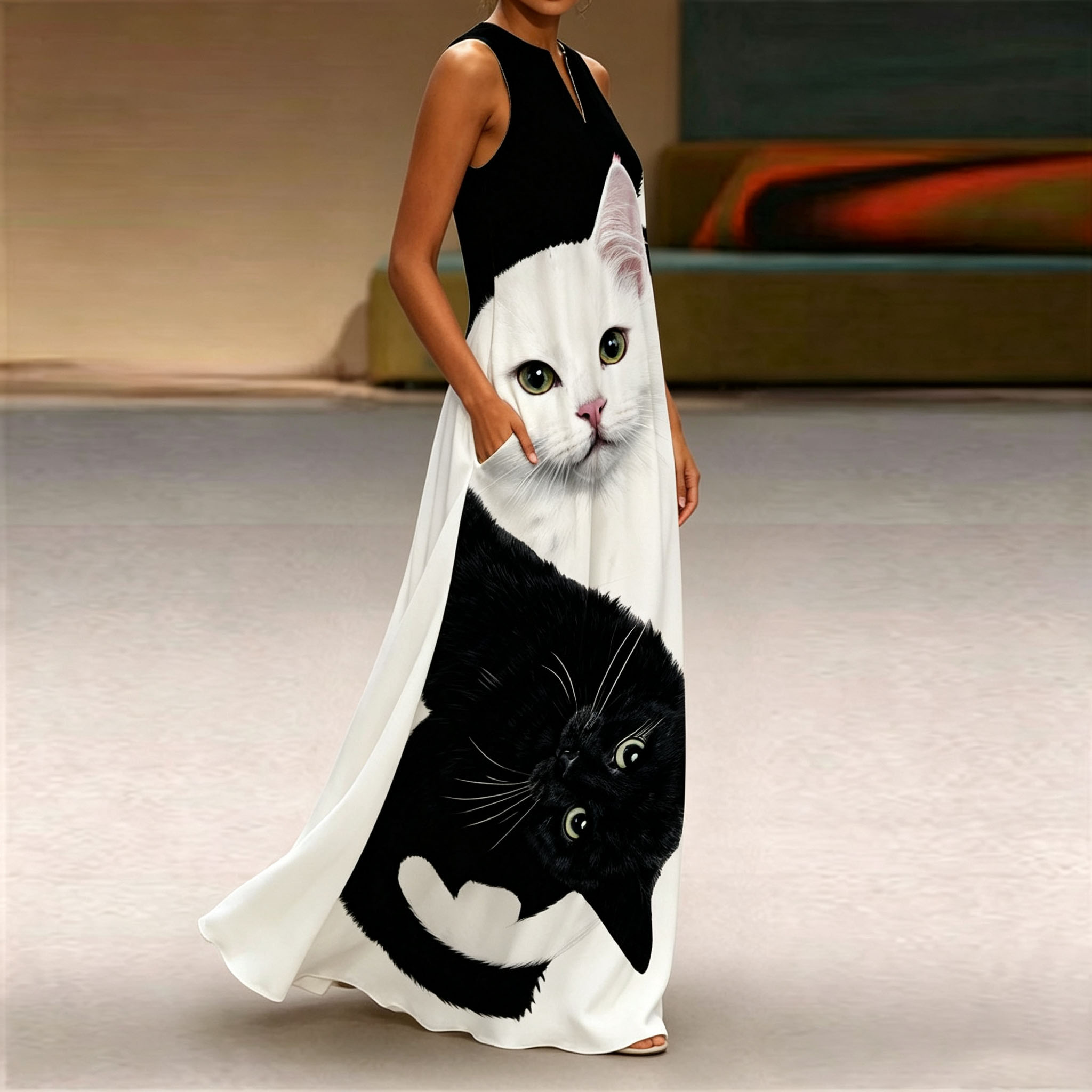 Women's Cat Print Maxi Dress – Sleeveless Long A-Line Dress with Pockets, Cute Animal Graphic Summer Casual Vacation Dress