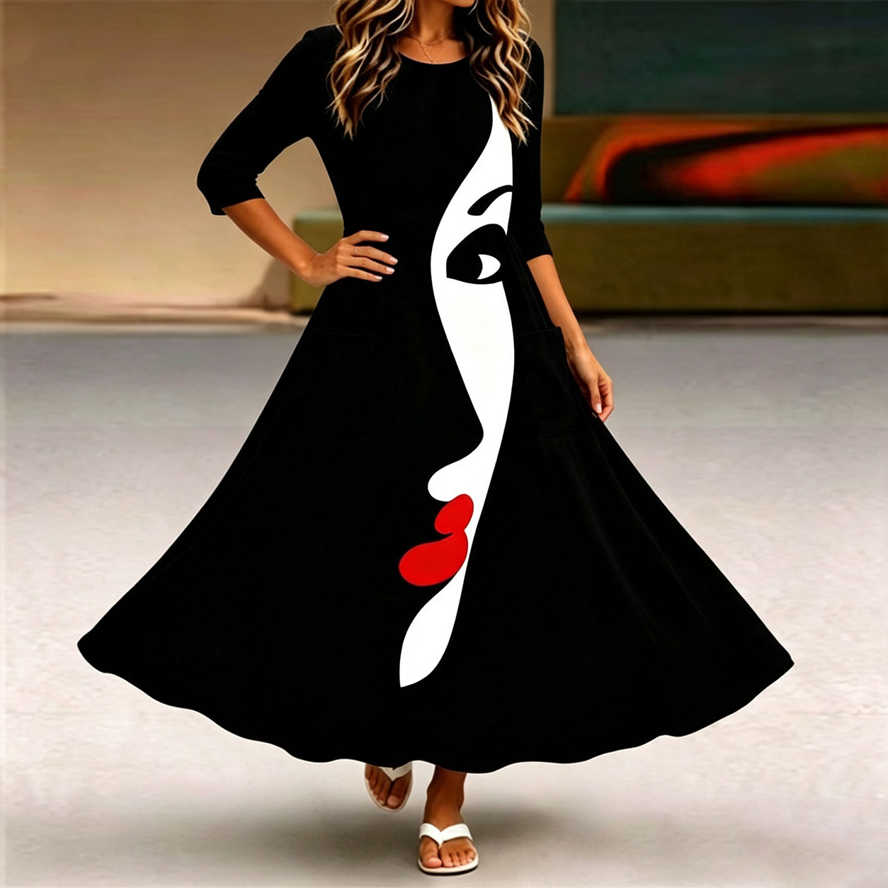Women's Abstract Face Print Midi Dress – Elegant Long Sleeve Casual A-Line Dress with Pockets