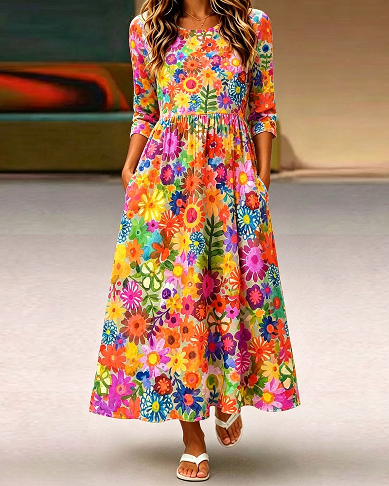 Women's Floral Maxi Dress  Casual A Line Long Dress with Pockets Elegant Boho Summer Dress for Women