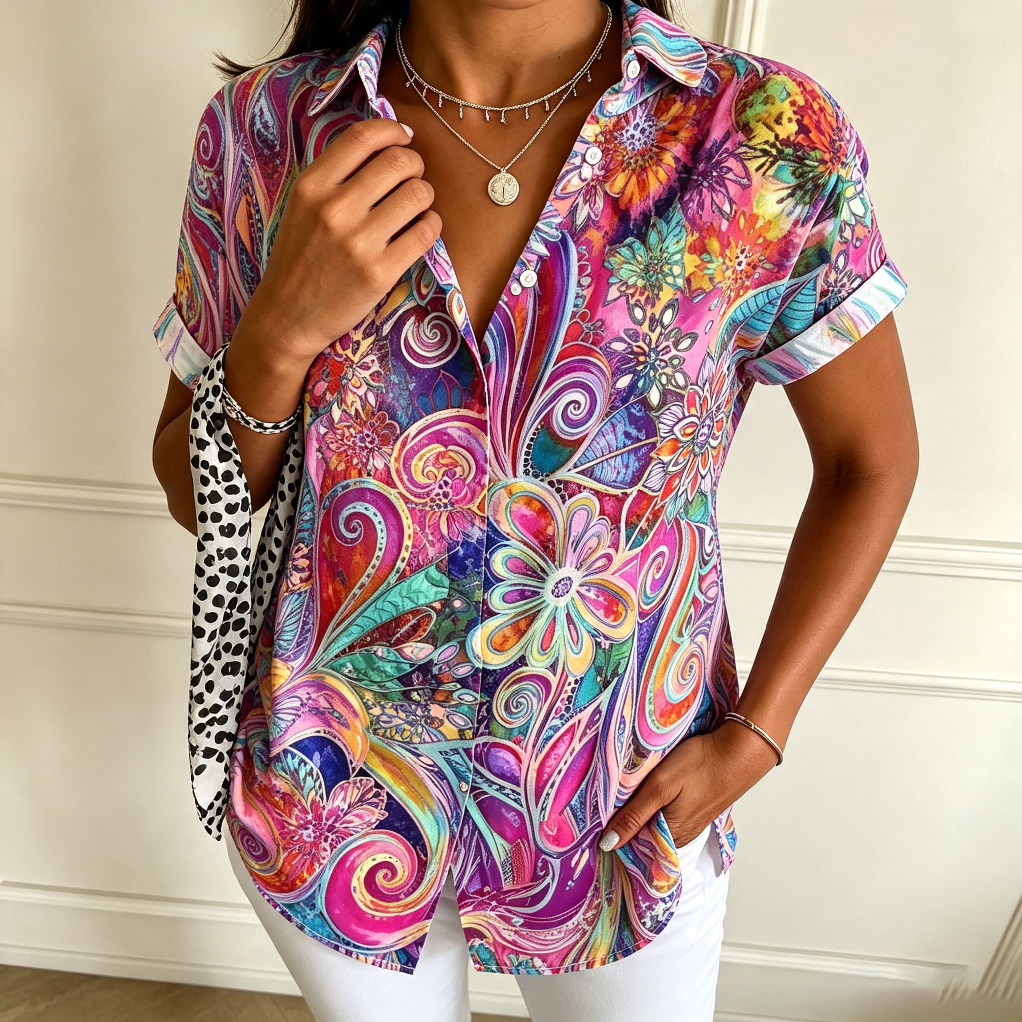 Women’s Colorful Floral Print Button Down Shirt, Short Sleeve Casual Blouse, Bohemian Abstract Art Top, Lightweight Summer Vacation Shirt