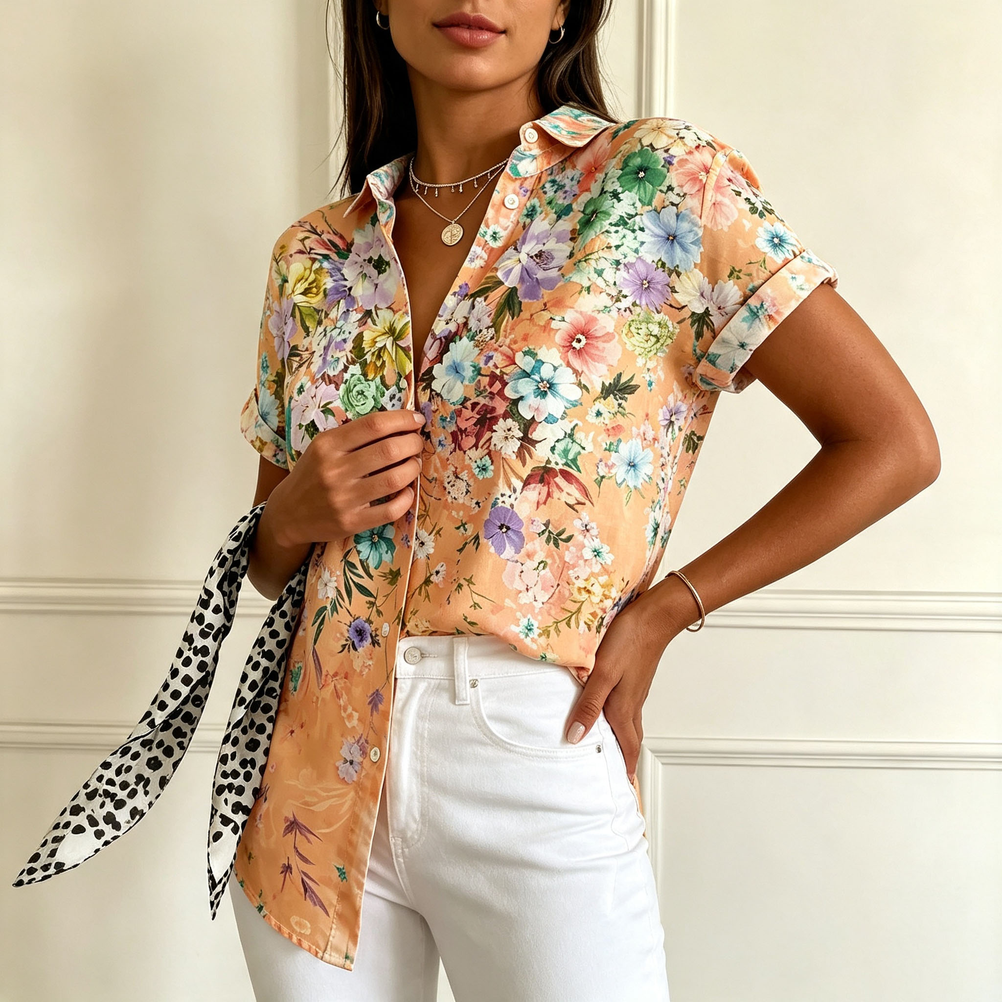 Women’s Floral Printed Short Sleeve Blouse – Elegant Button Down Casual Shirt with Relaxed Fit for Summer Vacation & Daily Wear