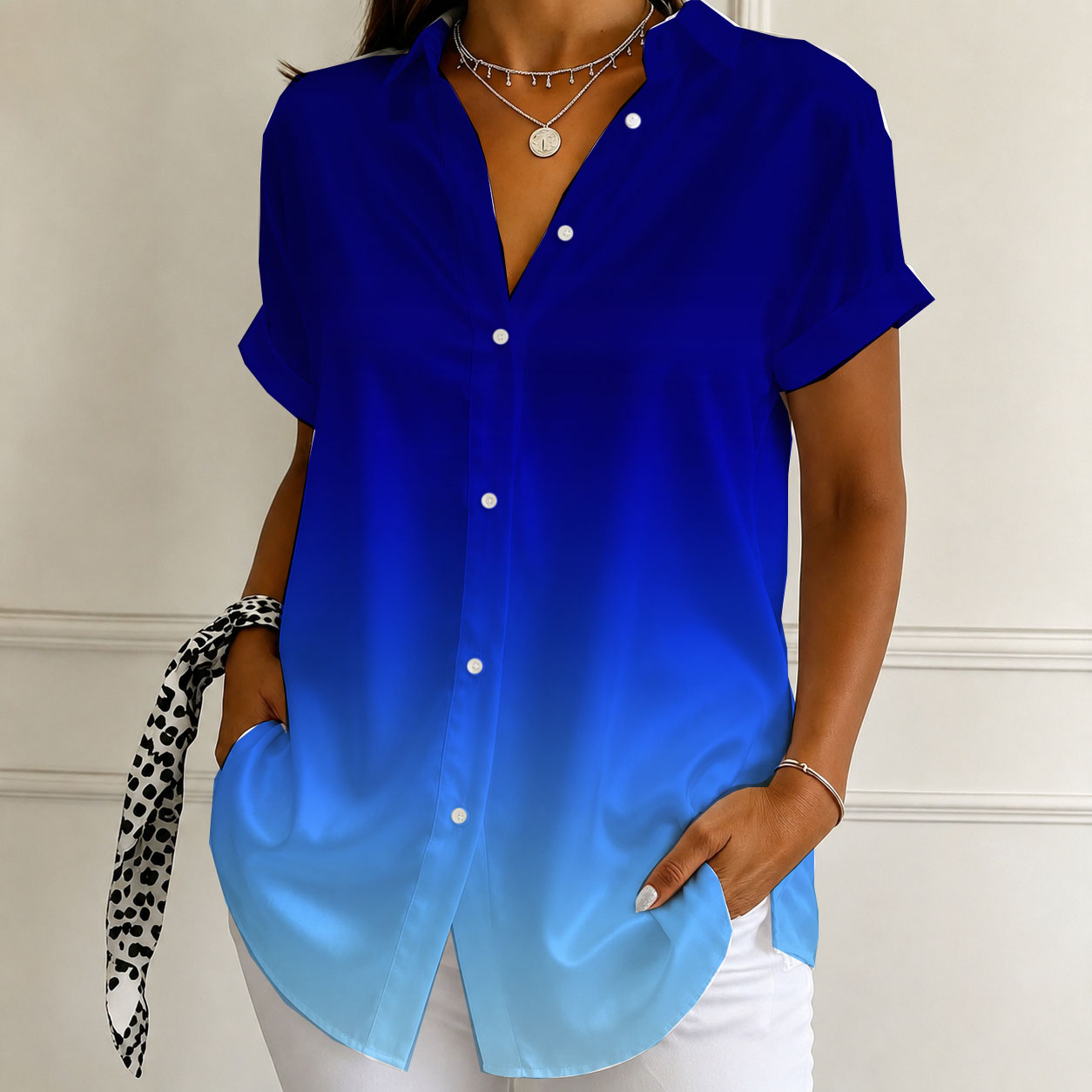 Women’s Button Down Shirts Short Sleeve Casual Blouse Ombre Gradient Tops Loose Fit Collared Tunic Shirt for Summer Vacation Work Office Wear