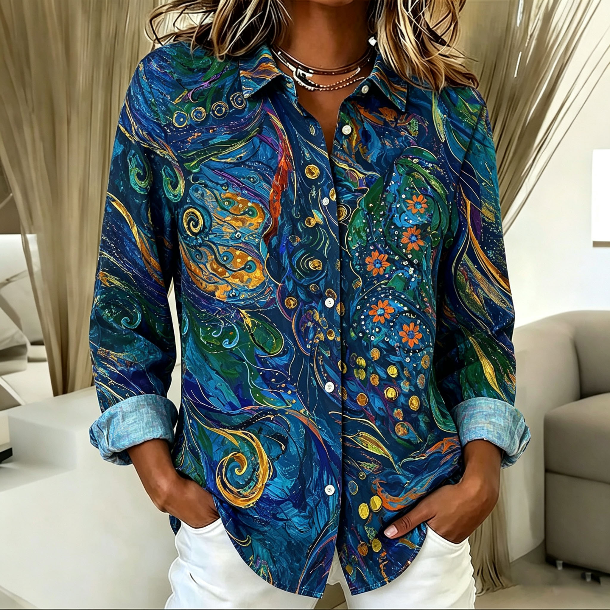 Women's Abstract Floral Print Button Down Shirt – Artistic Long Sleeve Blouse with Lightweight Polyester Fabric
