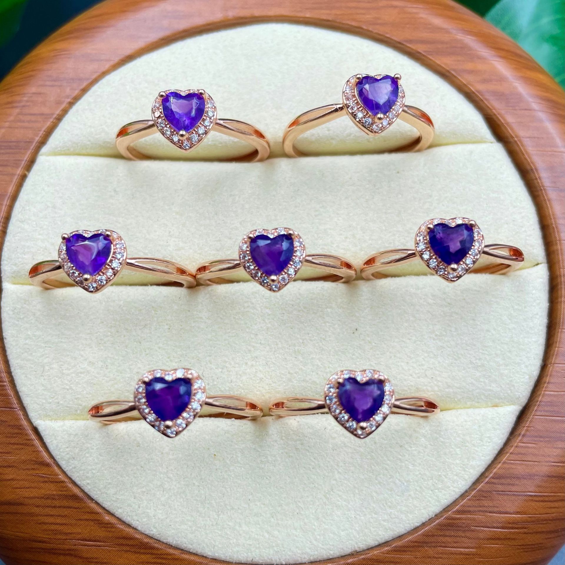Heart Cut Natural Amethyst Halo Ring for Women, Copper Base 18K Gold Plated Split Band with 5MM Faceted Purple Gemstone, Cubic Zirconia Border Dainty Romantic Stackable Jewelry Gift for Valentine Wedding Anniversary