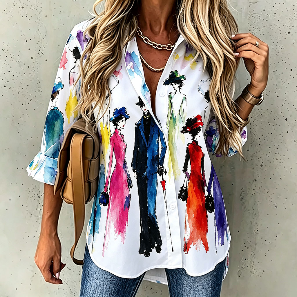 Women's Colorful Watercolor Figure Print Button Down Shirt, Casual Long Sleeve Blouse, Artistic Graphic Loose Fit Top for Spring Summer