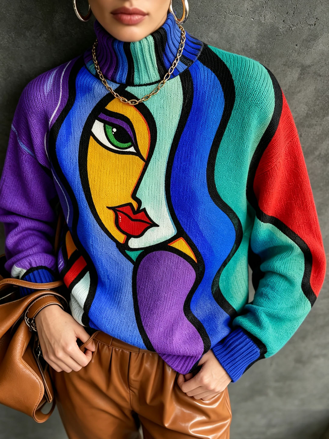 Women's Colorful Printed Turtleneck Sweater Long Sleeve Loose Fit Pullover Knit Top Casual Fashion Warm Soft Sweater for Fall Winter