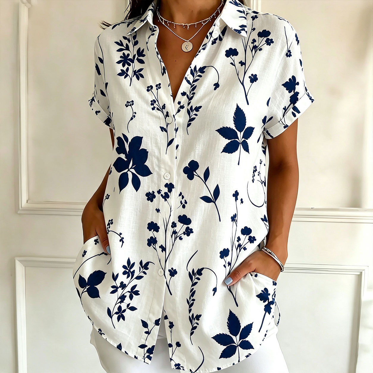 Women's Floral Print Button Down Shirt – Short Sleeve Casual Blouse with Collared Neck, Lightweight Loose Fit Summer Top