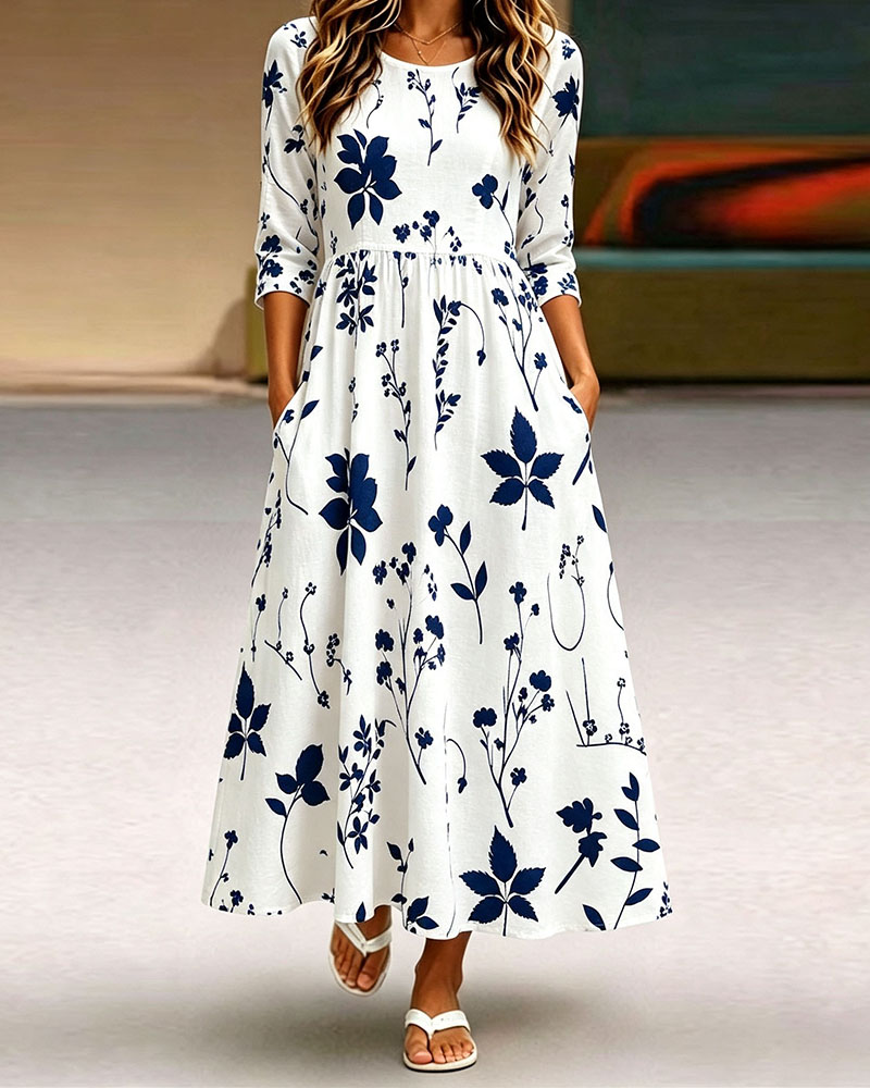 Women's Floral Midi Dress  Casual A Line Long Dress with Pockets Elegant Boho Summer Dress for Women-gemscharms