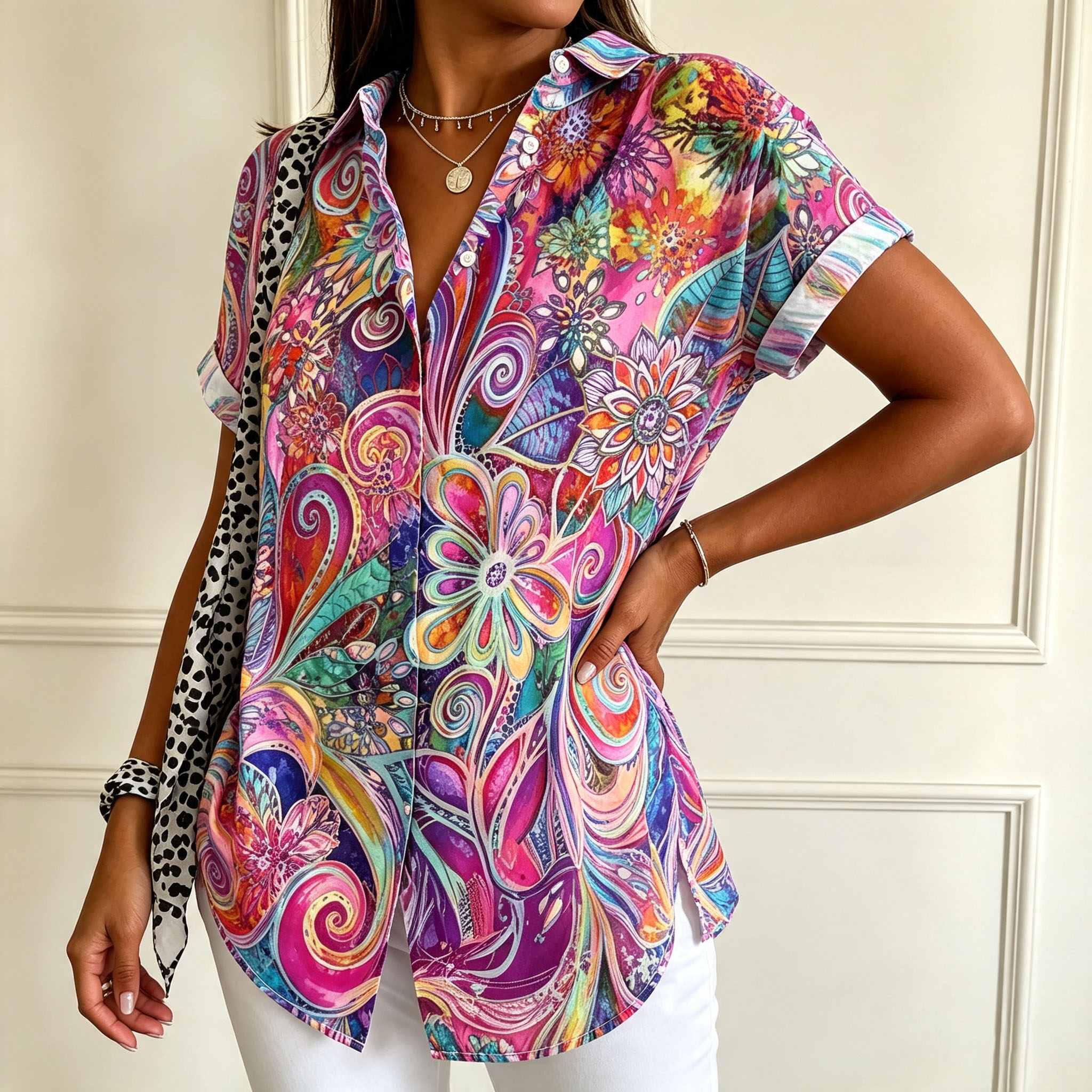 Women’s Colorful Floral Print Button Down Shirt, Short Sleeve Casual Blouse, Bohemian Abstract Art Top, Lightweight Summer Vacation Shirt