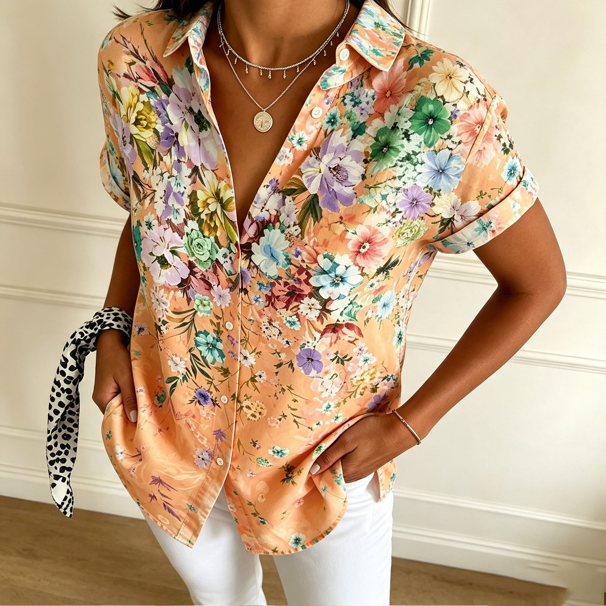 Women’s Floral Printed Short Sleeve Blouse – Elegant Button Down Casual Shirt with Relaxed Fit for Summer Vacation & Daily Wear