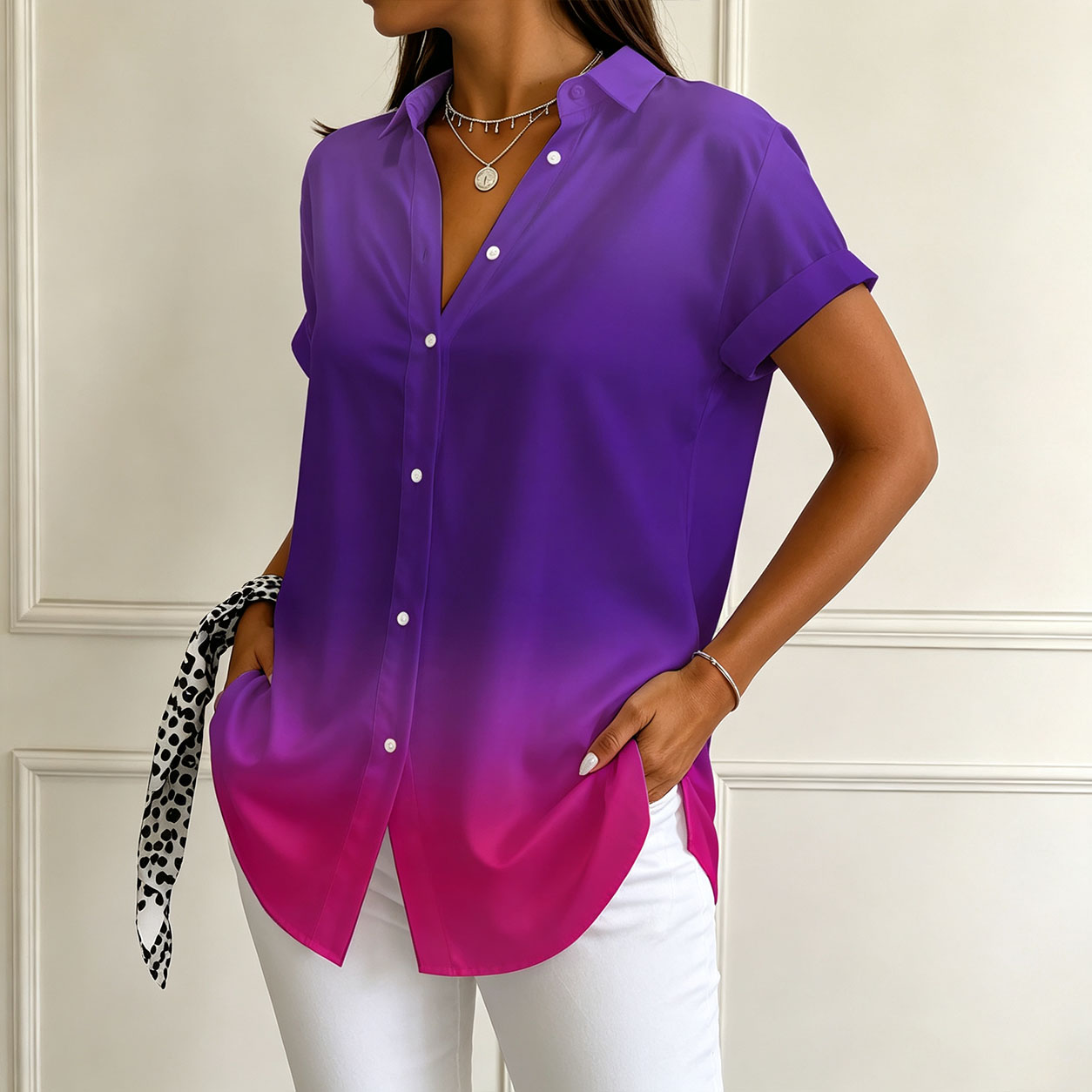 Women’s Button Down Shirts Short Sleeve Casual Blouse Gradient Color Tunic Tops Loose Fit V Neck Collared Shirt for Summer Vacation Work Office Wear-gemscharms