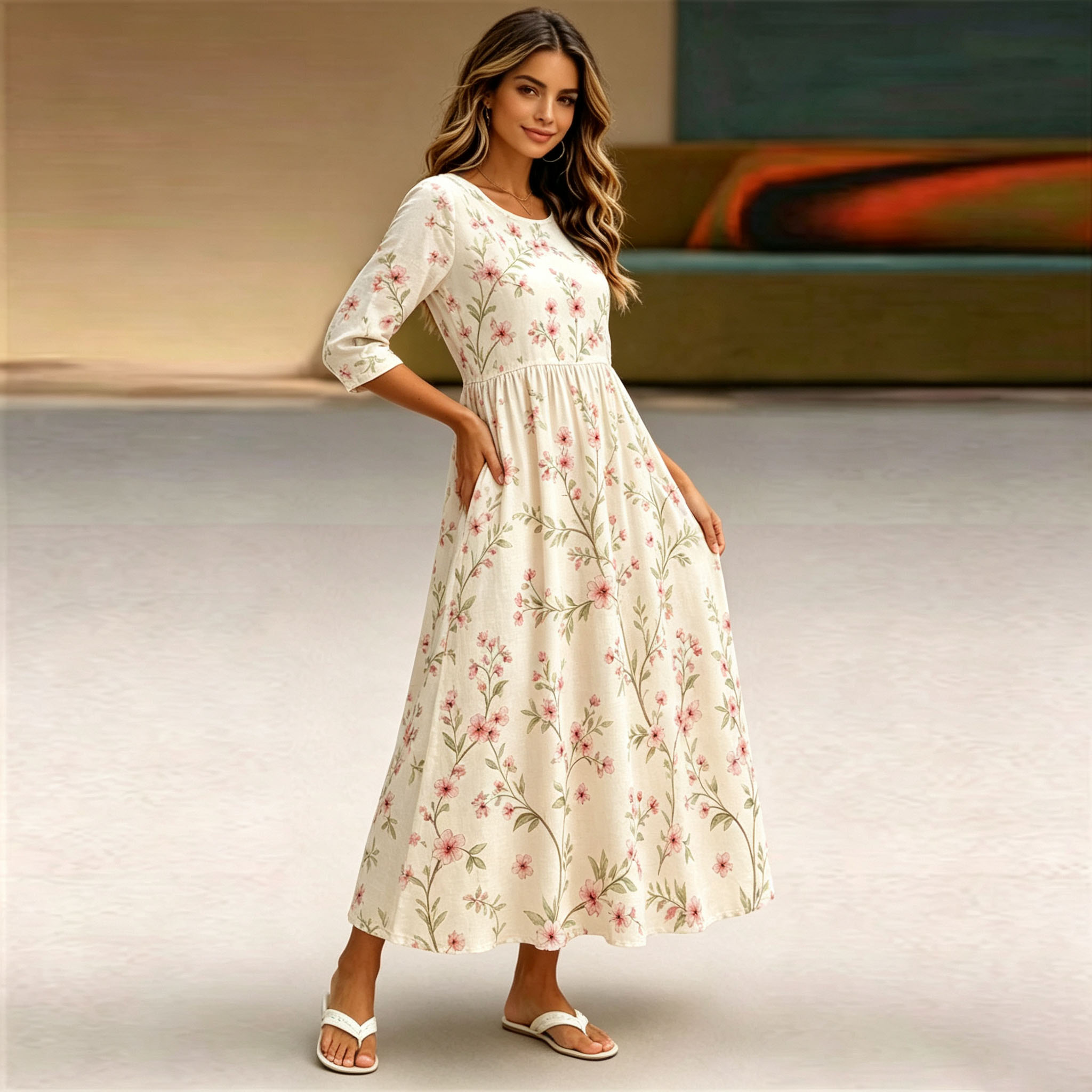 Women’s Floral Midi Dress, White Mid-Length Sleeve Flower Print Dress, Elegant A-Line Swing Casual Dress with Pockets, Lightweight Polyester Boho Dress for Spring, Summer, Vacation & Everyday Wear-gemscharms