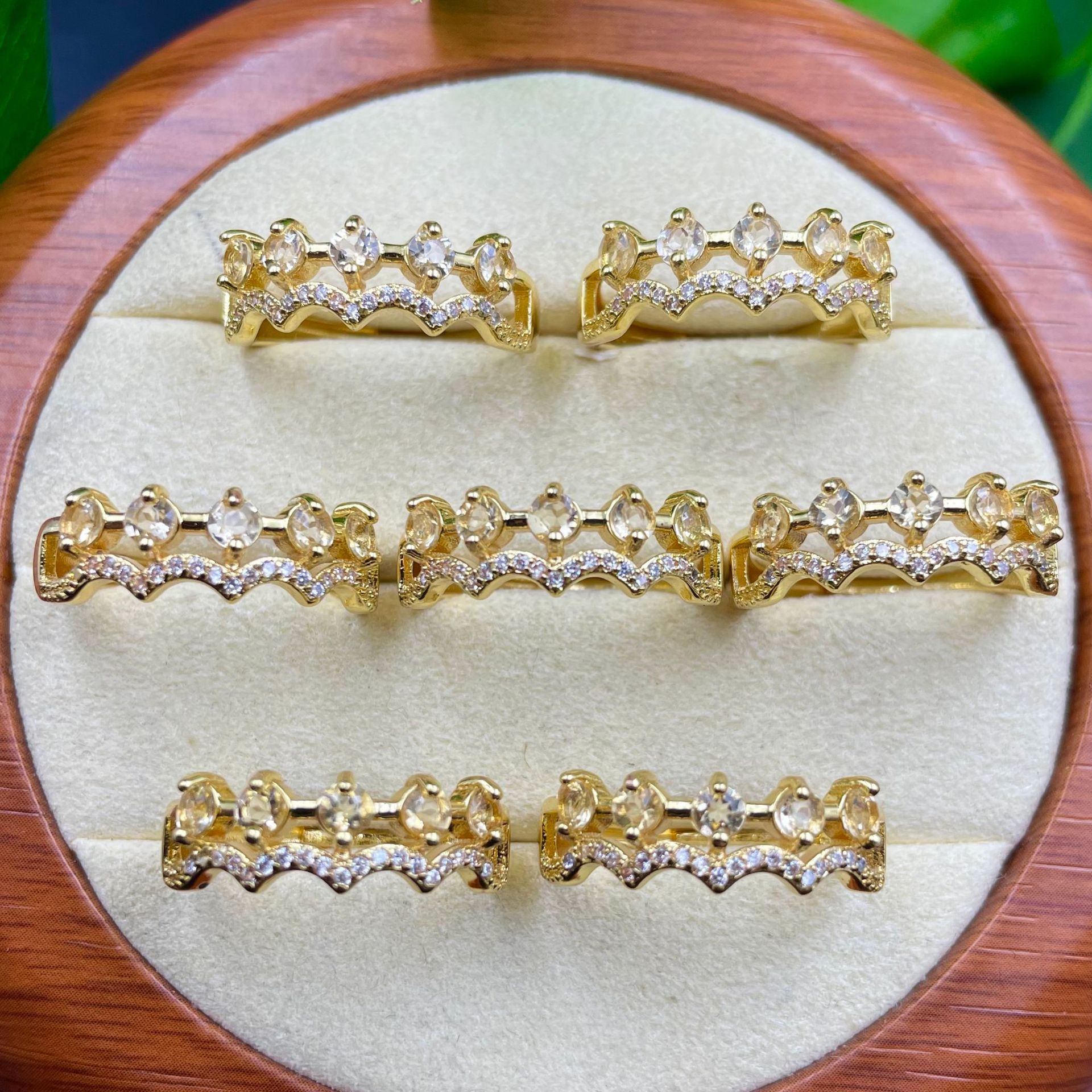 Five Round Natural Citrine Wave Eternity Ring for Women, Copper Base 18K Gold Plated Open Hollow Band with 3MM Faceted Yellow Gemstone, Paved Cubic Zirconia Dainty Stackable Wedding Band Jewelry Gift for Birthday Anniversary