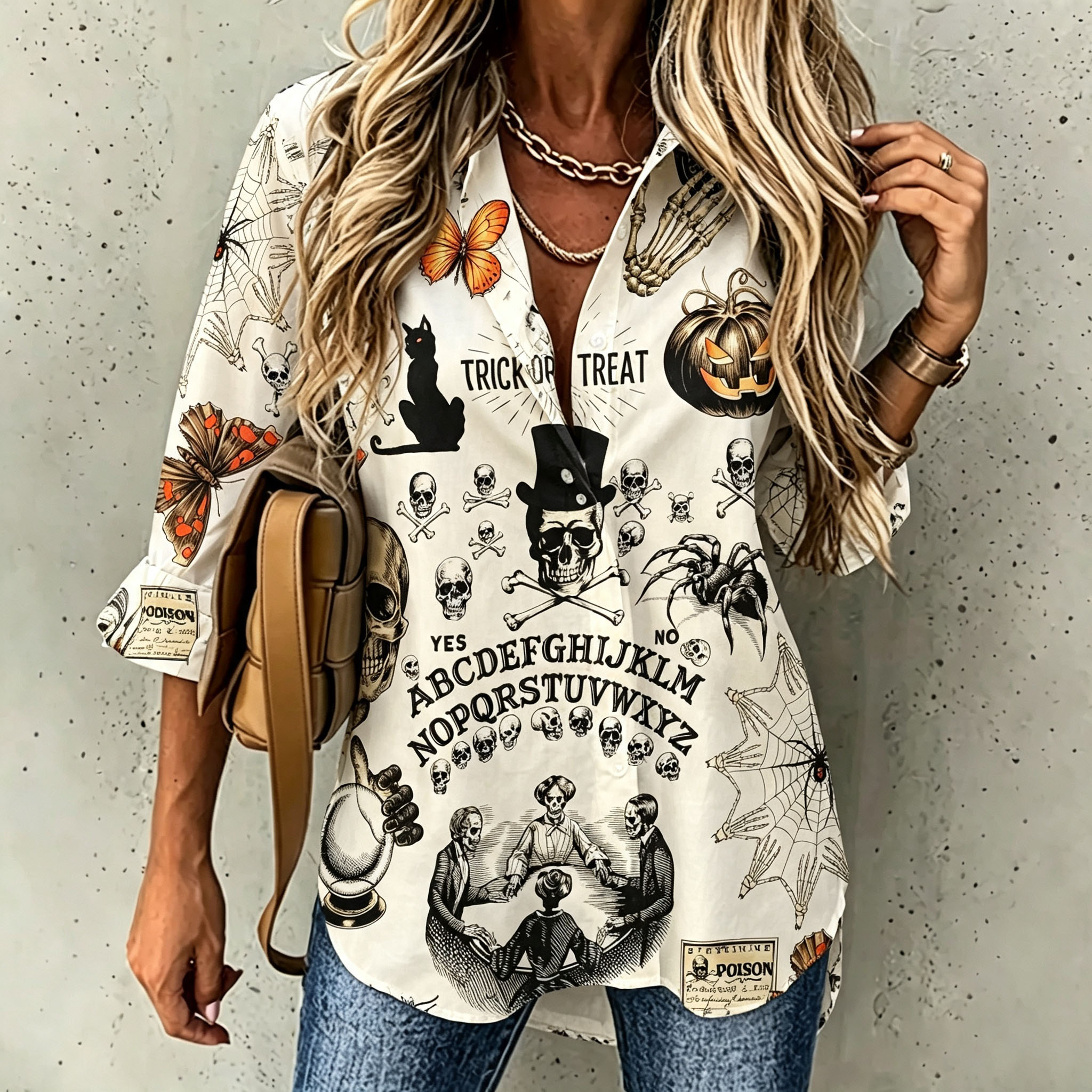 Women's Halloween Button Down Shirt, Retro Gothic Skull Pumpkin Spider Print Long Sleeve Blouse, Casual Loose Fall Top