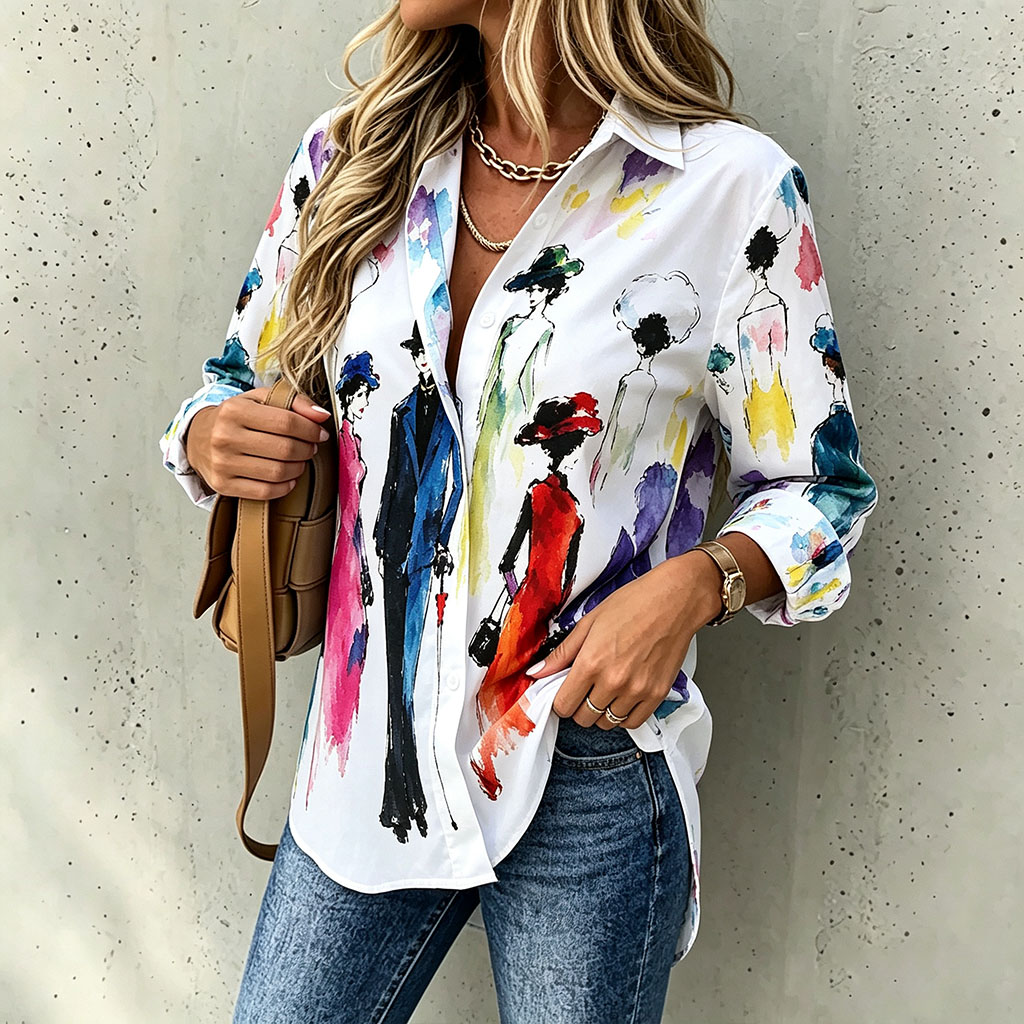 Women's Colorful Watercolor Figure Print Button Down Shirt, Casual Long Sleeve Blouse, Artistic Graphic Loose Fit Top for Spring Summer-gemscharms