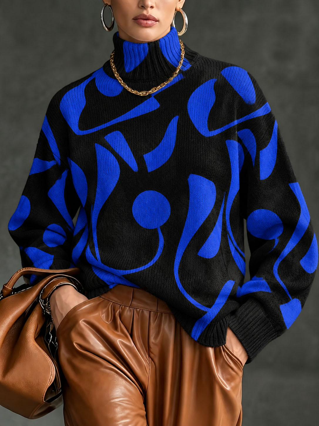 Women's Abstract Print Turtleneck Sweater, Blue Black Pattern Knit Pullover, Long Sleeve Oversized Casual Sweater Top for Fall Winter