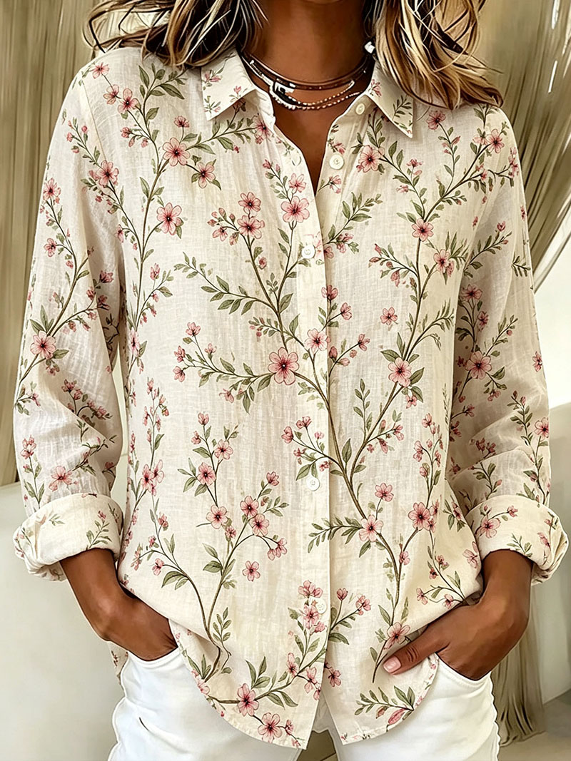 Women's Floral Print Button Down Shirt Casual Loose Fit Blouse Long Sleeve Collared Top Lightweight Polyester Shirt for Work Vacation