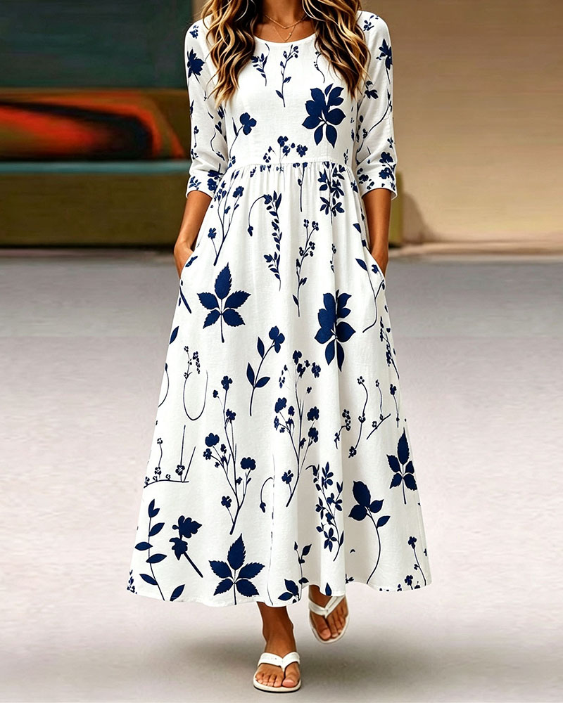 Women's Floral Maxi Dress  Casual A Line Long Dress with Pockets Elegant Boho Summer Dress for Women
