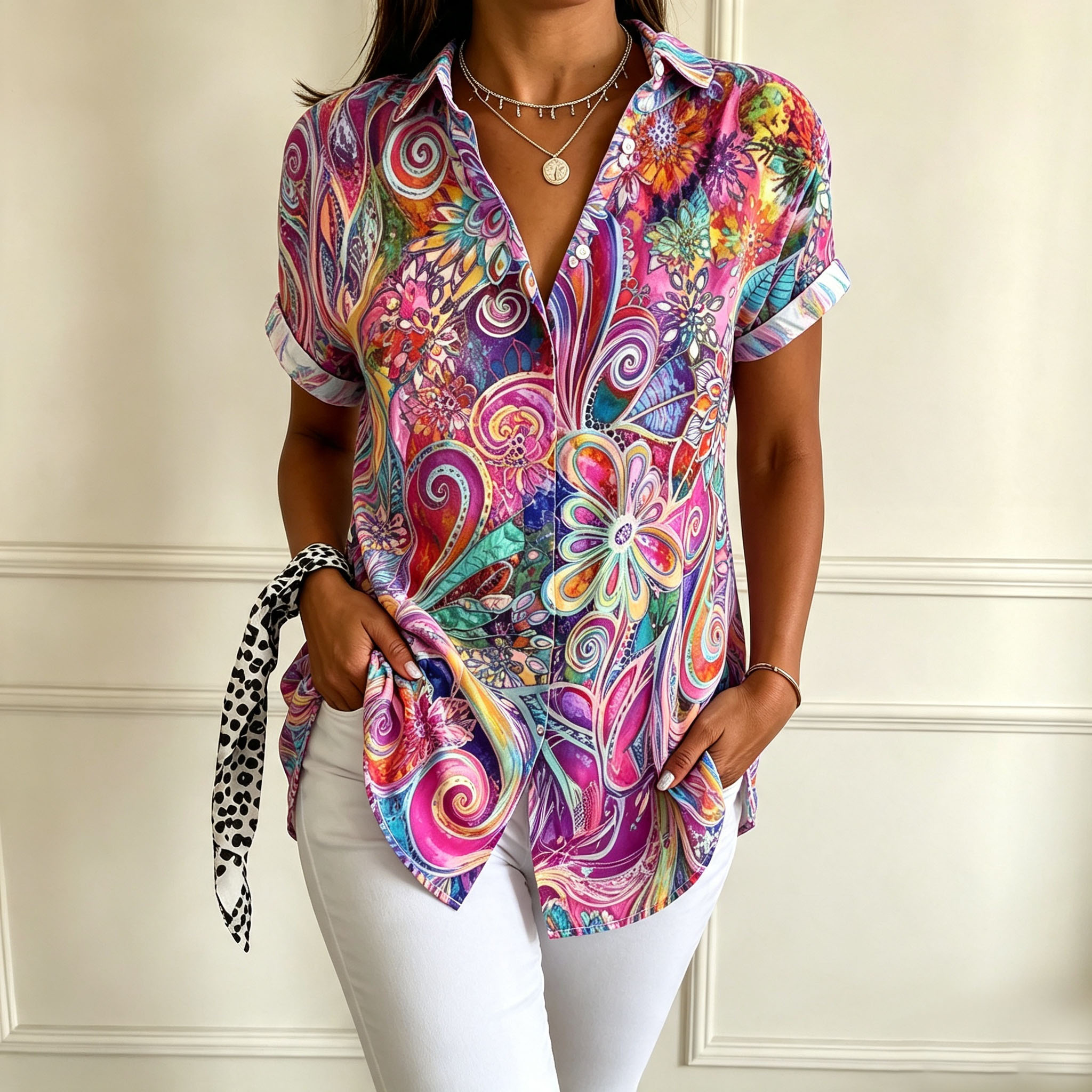 Women’s Colorful Floral Print Button Down Shirt, Short Sleeve Casual Blouse, Bohemian Abstract Art Top, Lightweight Summer Vacation Shirt