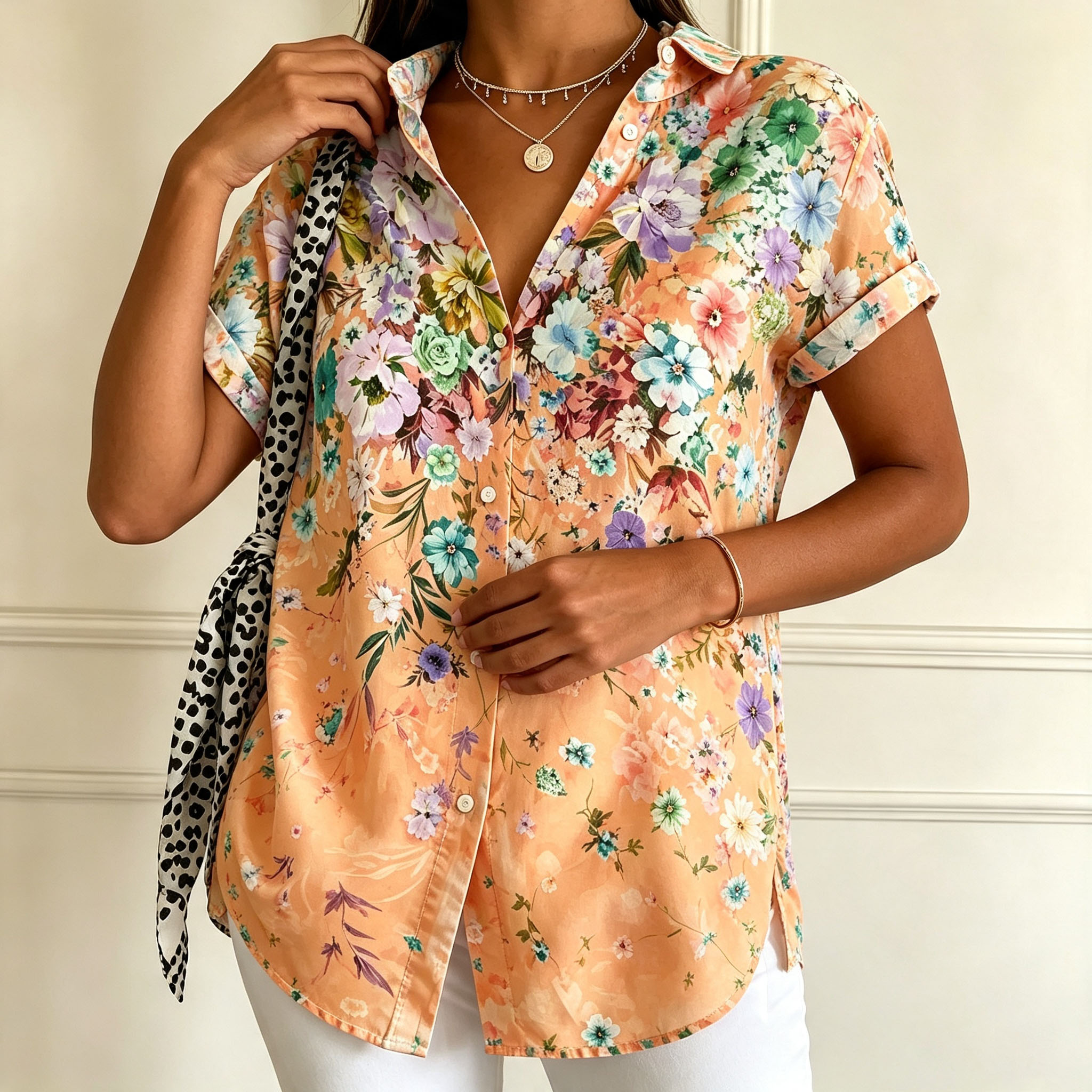 Women’s Floral Printed Short Sleeve Blouse – Elegant Button Down Casual Shirt with Relaxed Fit for Summer Vacation & Daily Wear