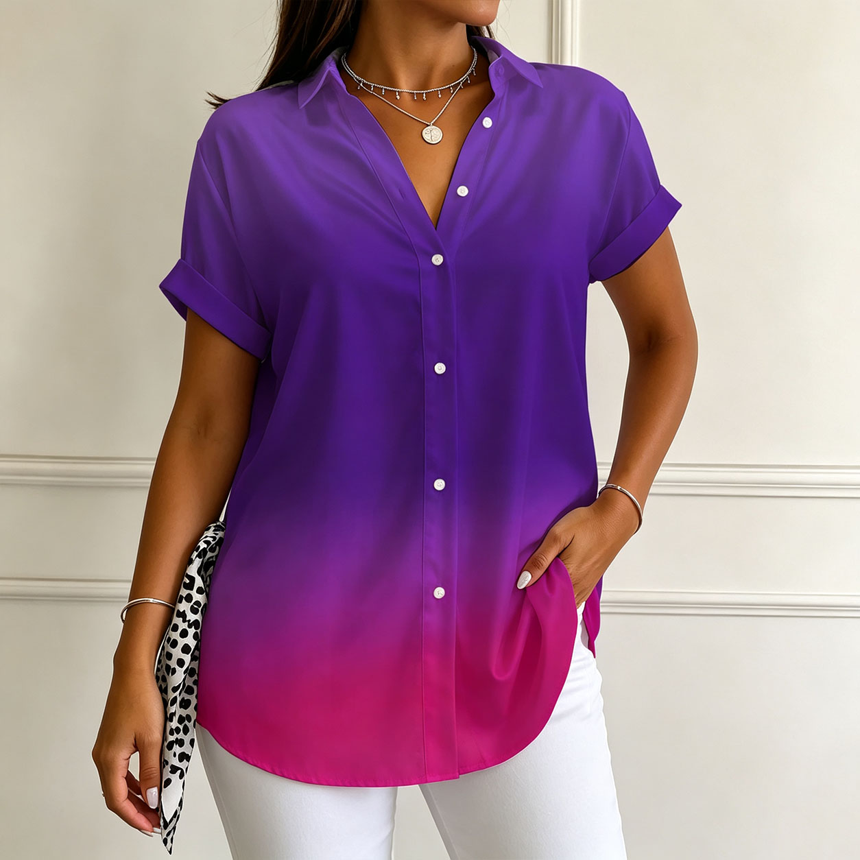 Women’s Button Down Shirts Short Sleeve Casual Blouse Gradient Color Tunic Tops Loose Fit V Neck Collared Shirt for Summer Vacation Work Office Wear-gemscharms