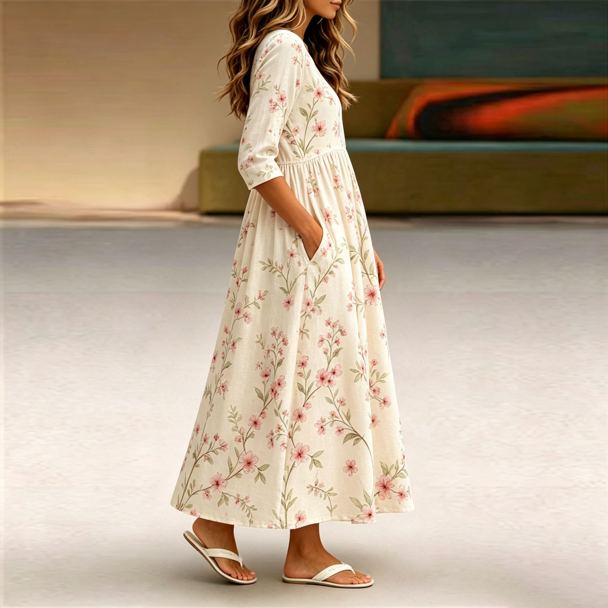 Women’s Floral Midi Dress, White Mid-Length Sleeve Flower Print Dress, Elegant A-Line Swing Casual Dress with Pockets, Lightweight Polyester Boho Dress for Spring, Summer, Vacation & Everyday Wear-gemscharms