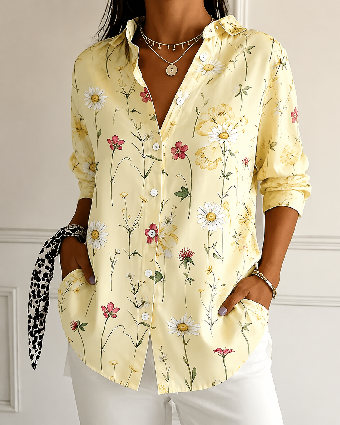 Women’s Floral Print Button Down Shirt Yellow Botanical Blouse Long Sleeve Casual Loose Fit Top Lightweight Vintage Inspired Shirt for Women