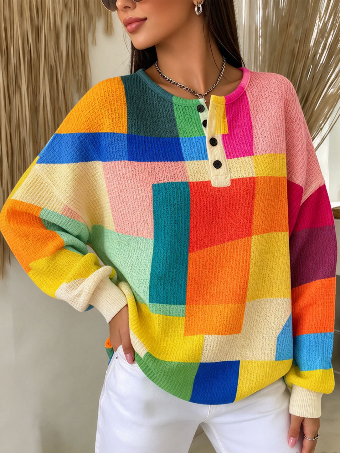 Women's Waffle Knit Henley Sweatshirt Color Block Geometric Plaid Print Long Sleeve Loose Casual Pullover Top