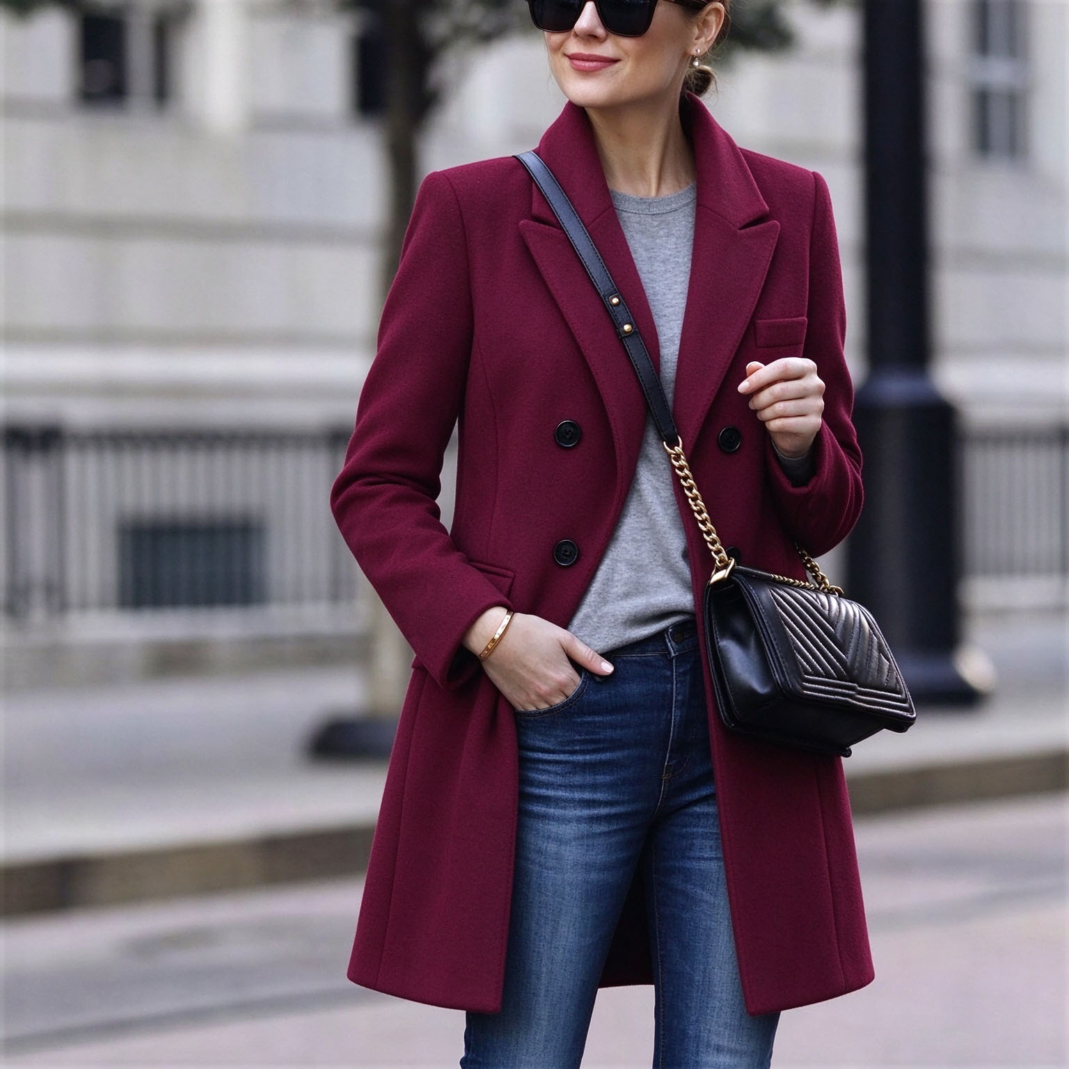 Women's Double Breasted Midi Coat, Notched Lapel Long Sleeve Polyester Dress Coat, Classic Solid Formal Work Outerwear  
