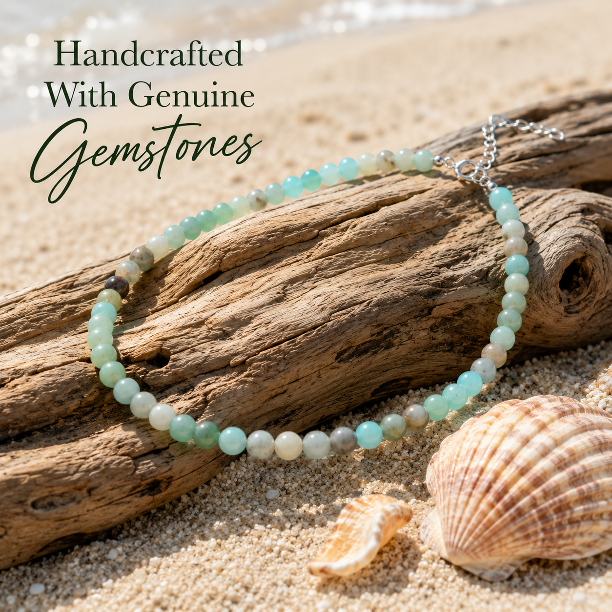 mazonite Beaded Necklace – Mediterranean Sea Inspired Gemstone Jewelry | Handmade Natural Stone Necklace for Women | Calm Ocean Blue Crystal Strand