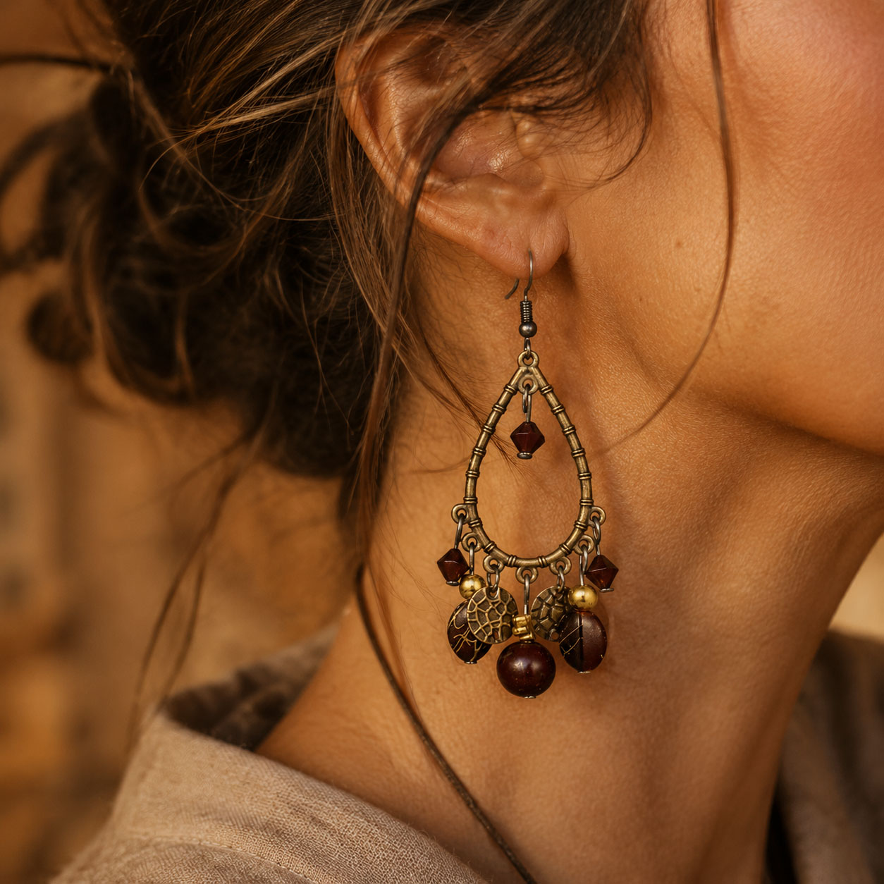 Vintage Boho Beaded Tassel Drop Earrings, Retro Open Teardrop Frame Natural Stone Dangle Earrings, Ethnic Bohemian Long Dangle Jewelry for Women