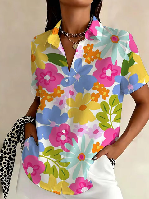 Women’s Floral Print Short Sleeve Button-Down Shirt – Lightweight Polyester Blouse